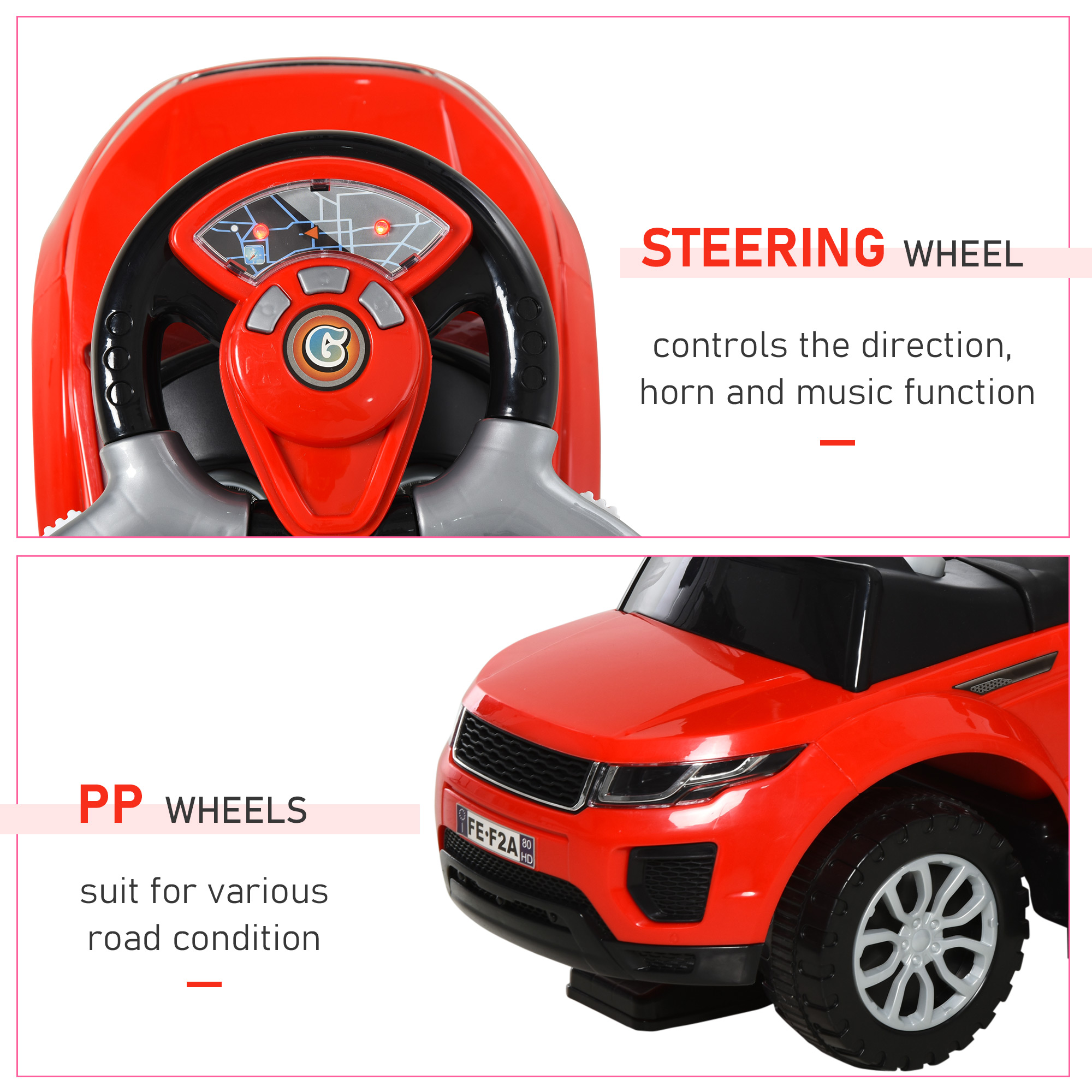 2 In 1 Push Cars for Toddlers Kid Ride on Push Car Stroller Sliding Car with Horn Music Light Function Secure Bar Ride on Toy for Boy Girl 1-3 Years Old Red Product Image