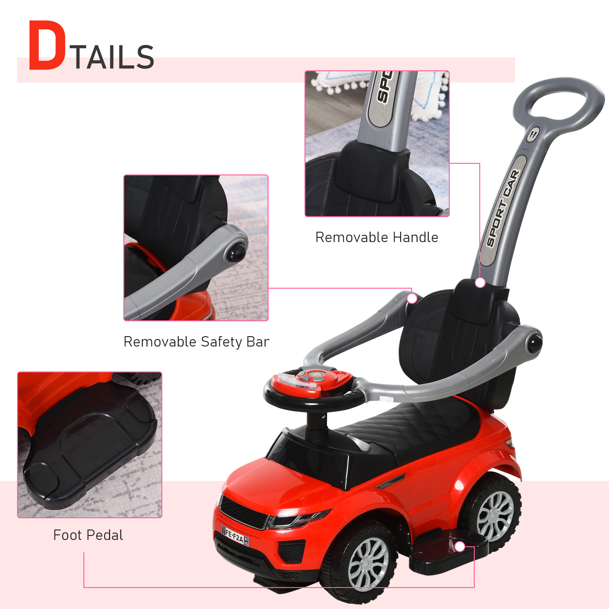 2 In 1 Push Cars for Toddlers Kid Ride on Push Car Stroller Sliding Car with Horn Music Light Function Secure Bar Ride on Toy for Boy Girl 1-3 Years Old Red Product Image
