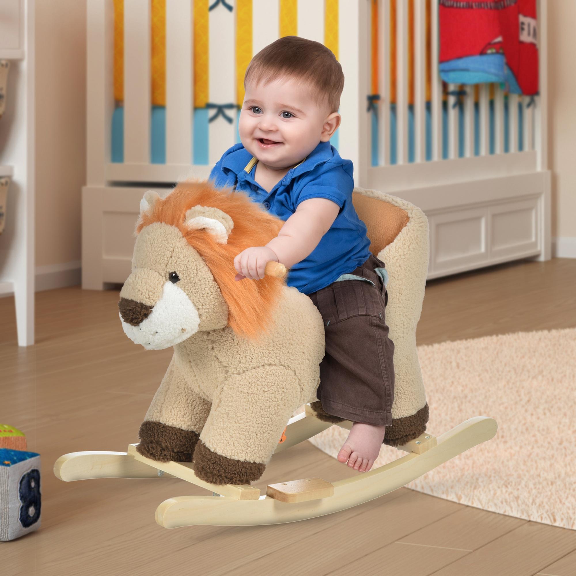 Baby Rocking Horse Lion with Sound, Plush Stuffed Rocking Animals, Wooden Rocking Horse with Seat Belt for 18-36 Months Boys and Girls Gift, Brown Product Image