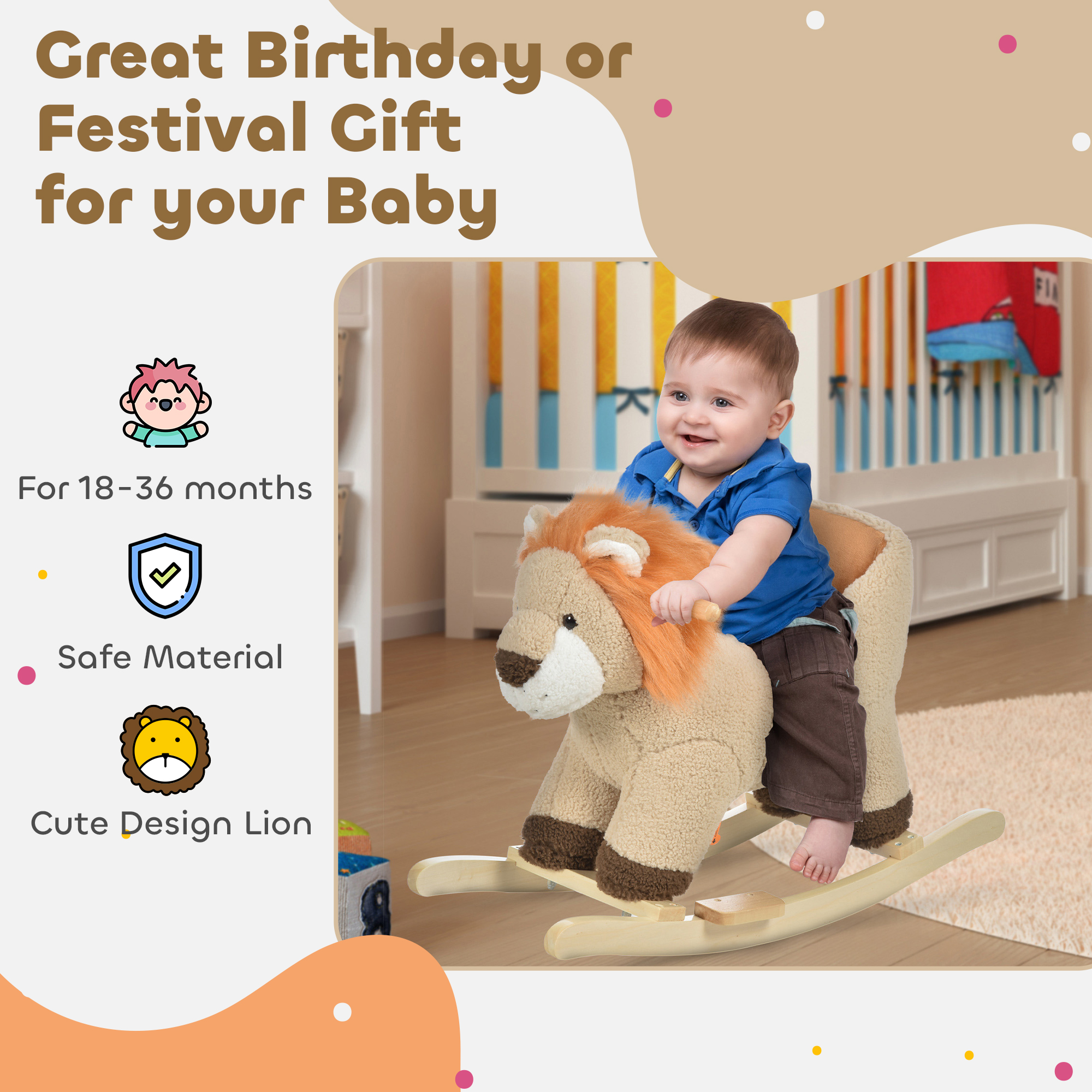 Baby Rocking Horse Lion with Sound, Plush Stuffed Rocking Animals, Wooden Rocking Horse with Seat Belt for 18-36 Months Boys and Girls Gift, Brown Product Image