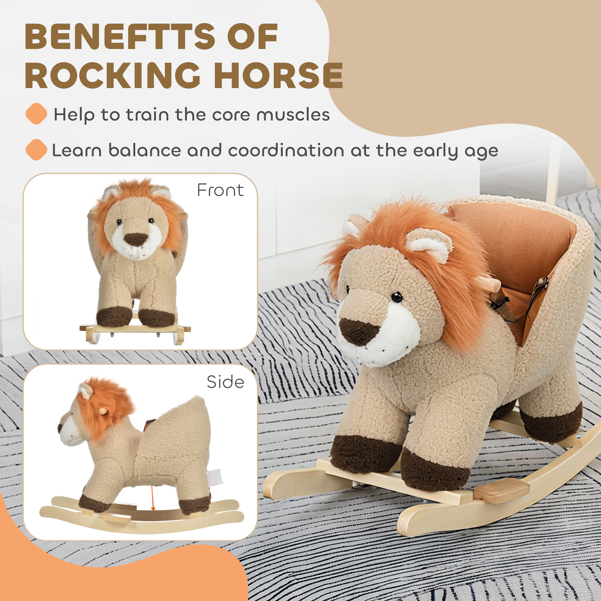 Baby Rocking Horse Lion with Sound, Plush Stuffed Rocking Animals, Wooden Rocking Horse with Seat Belt for 18-36 Months Boys and Girls Gift, Brown Product Image