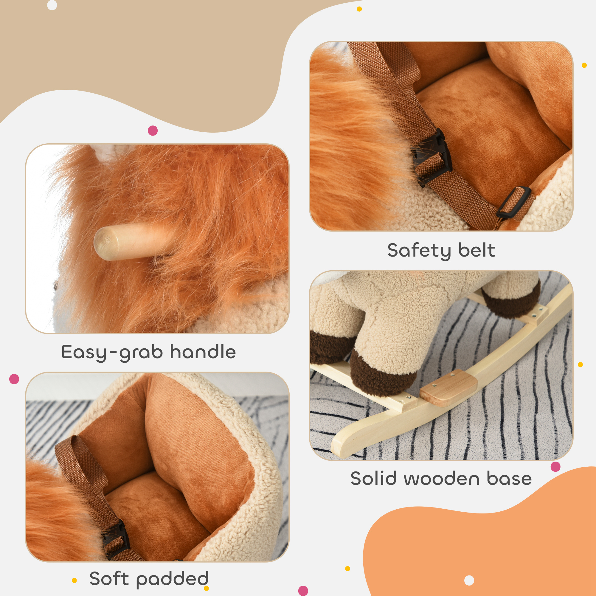 Baby Rocking Horse Lion with Sound, Plush Stuffed Rocking Animals, Wooden Rocking Horse with Seat Belt for 18-36 Months Boys and Girls Gift, Brown Product Image