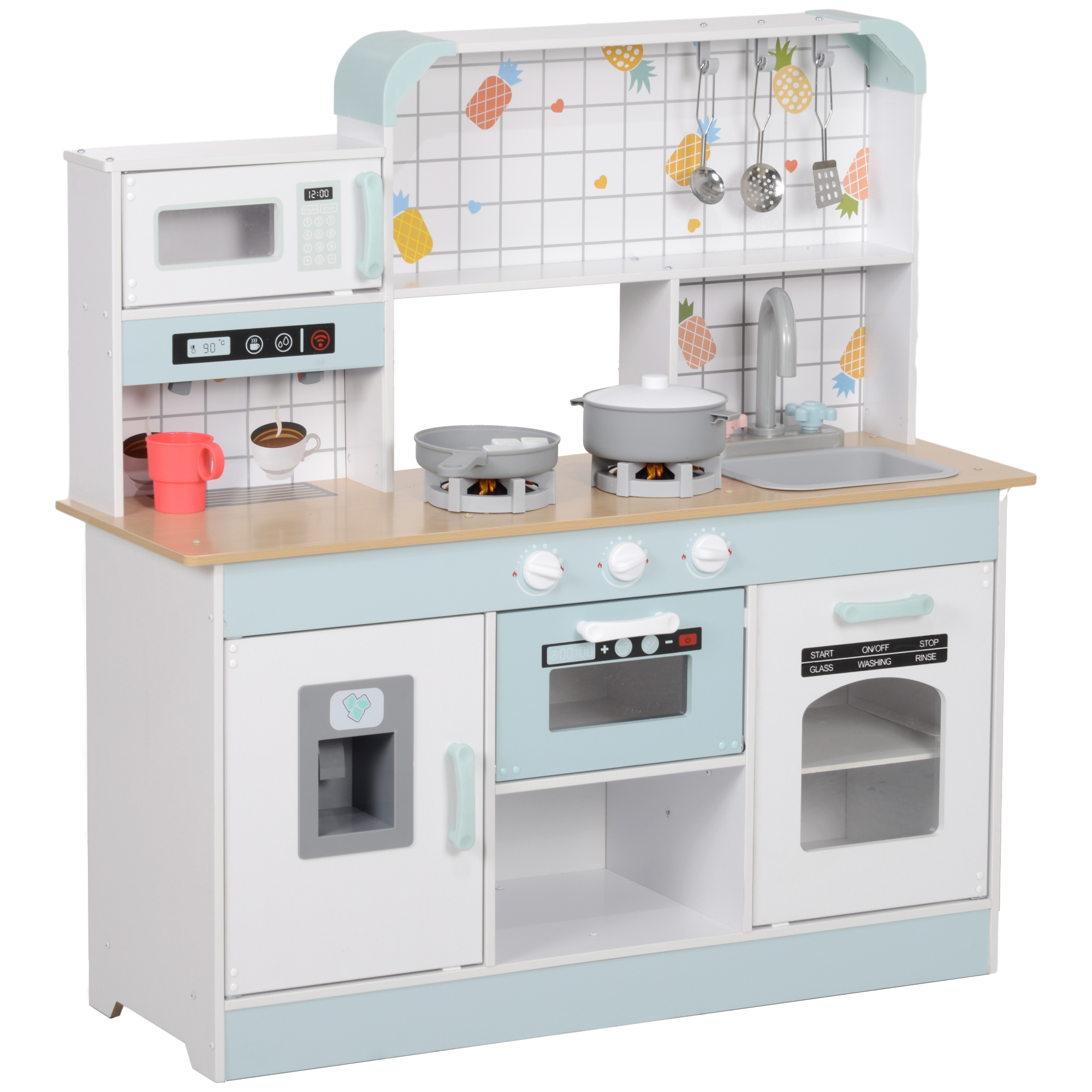 Compact kids play kitchen with coffee machine, microwave, ice maker and six-piece utensil set