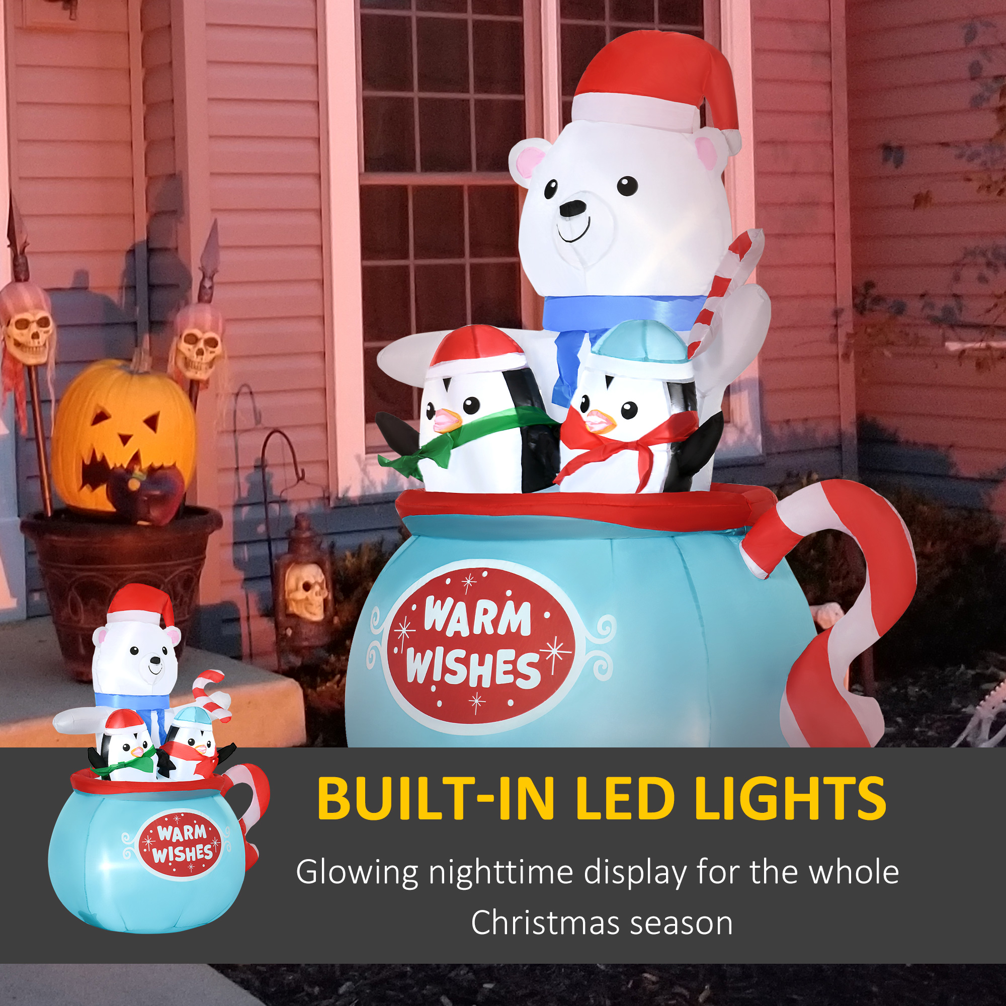  5ft Christmas Inflatables Outdoor Decorations Blessed Polar Bear and Penguins in the Cup, Blow-Up LED Yard Christmas Decor for Garden, Lawn, Party, Holiday