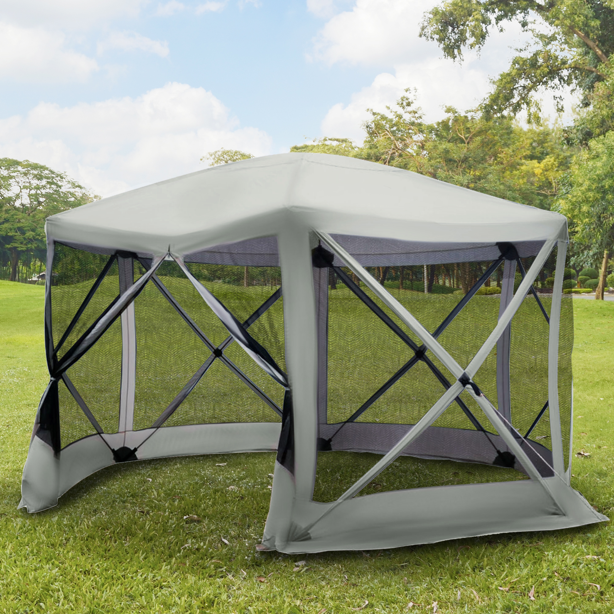 6-Sided Hexagon Pop Up Party Tent Gazebo with Mesh Netting Walls & Shaded Interior, 12′ x 12′, Beige