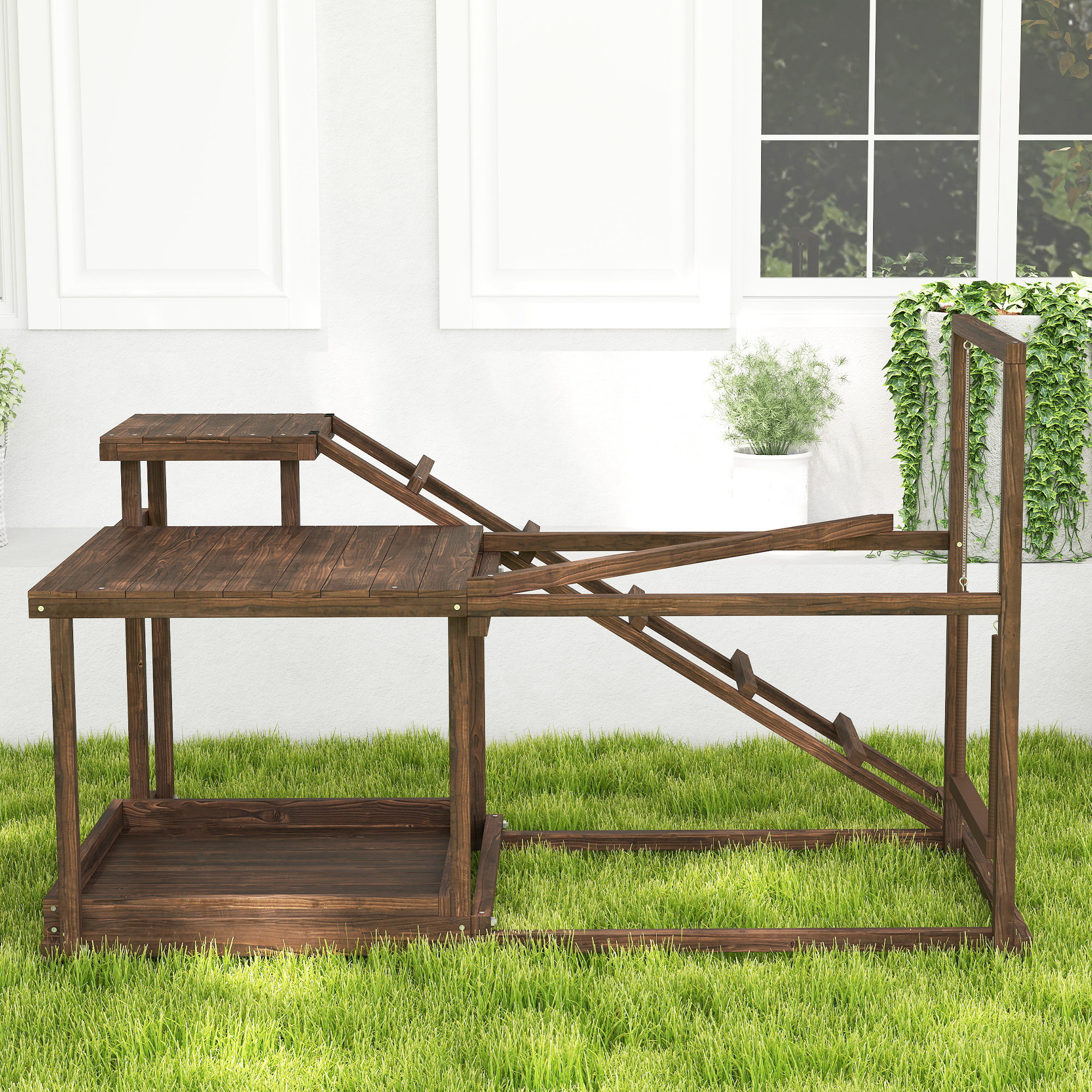  Wooden Chicken Activity Play Set with Perch, Swing, Ladder, Platforms, Feeder Storage, Coffee