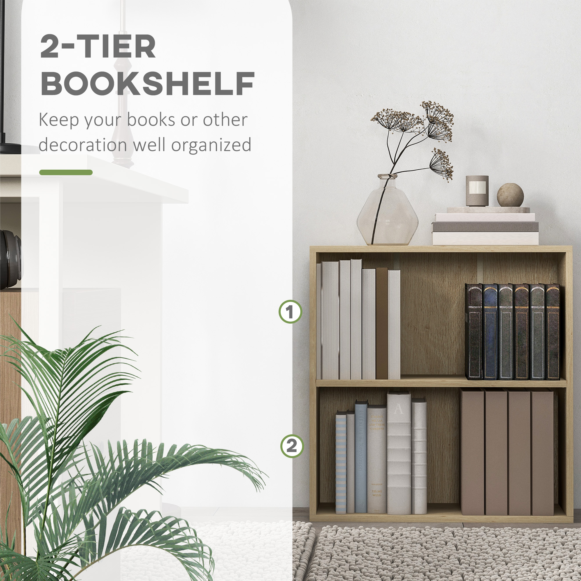 2 Tier Bookshelf, Low Bookcase With Adjustable Shelf, 2 Compartments For Home — image 2