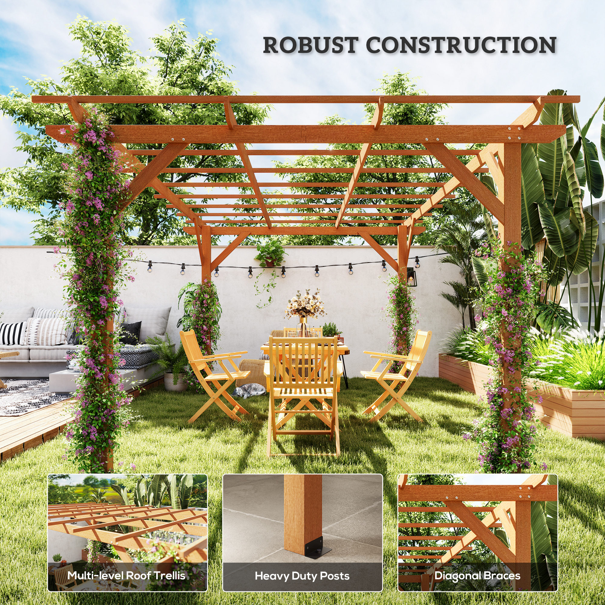 10′ x 13′ Wood Pergola, Outdoor Gazebo Grape Trellis with Stable Structure for Climbing Plant Support, Dark Brown