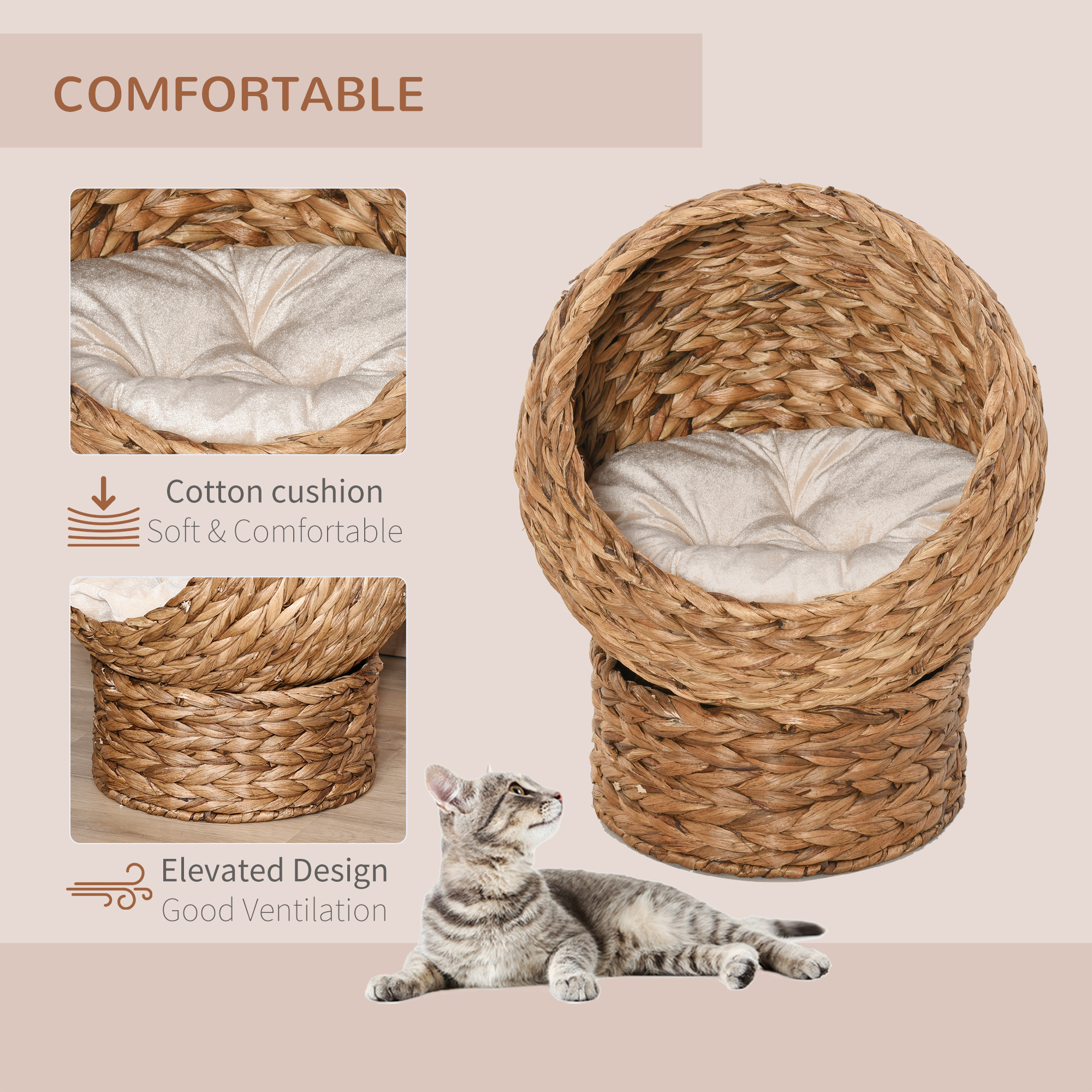  Handwoven Elevated Cat Bed with Soft Cushion & Egg Chair Shape, Basket Bed Kitty House with Stand, Raised Wicker House for Indoor Cats, 23.5" H, Light Brown