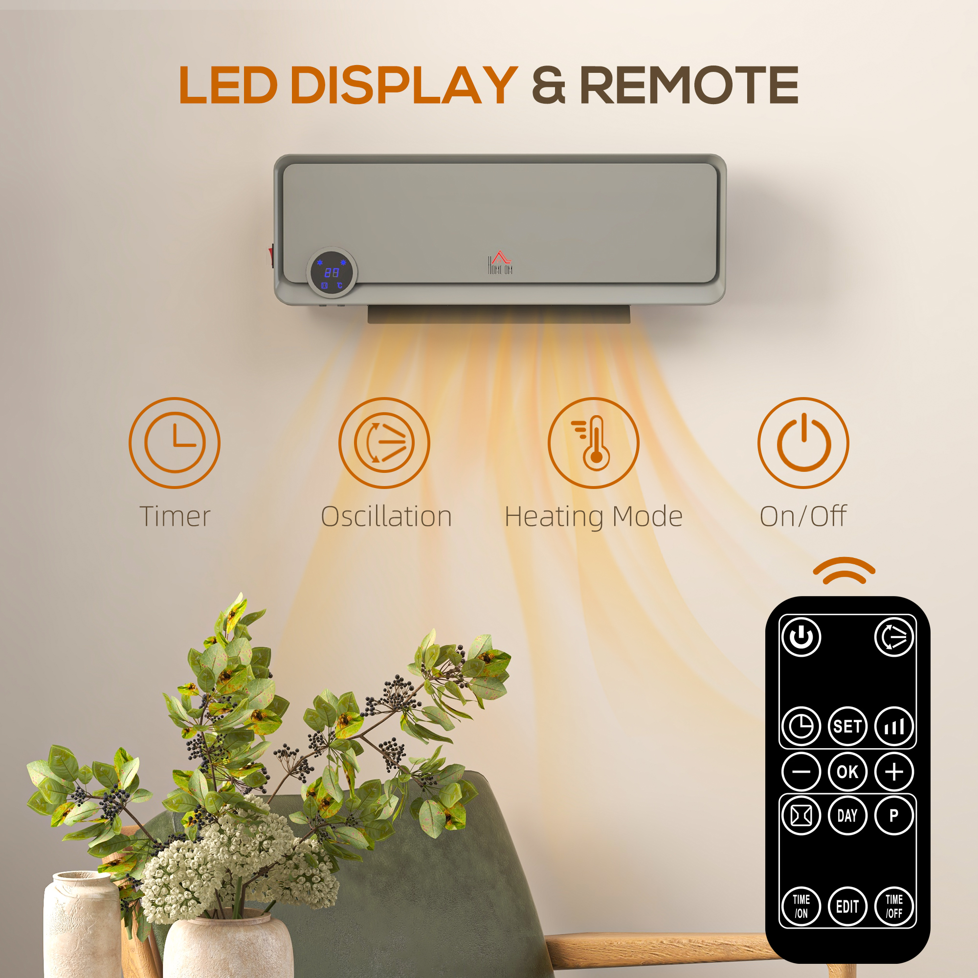 Wall Downflow Heater 2 Heat And Fan 1000W 2000W, Electric Space With Timer — image 3