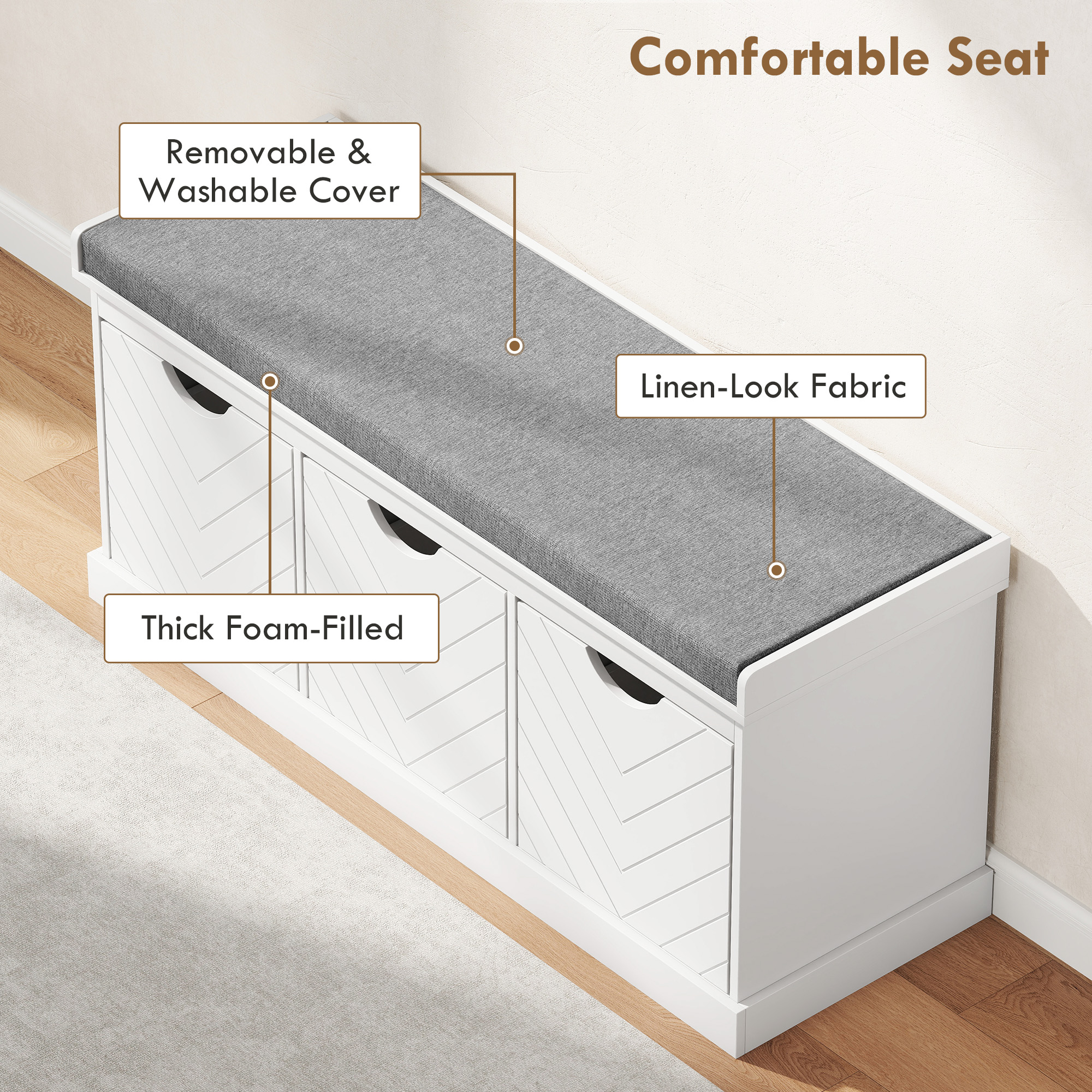 Three-Drawer Shoe Bench, With Seat - White