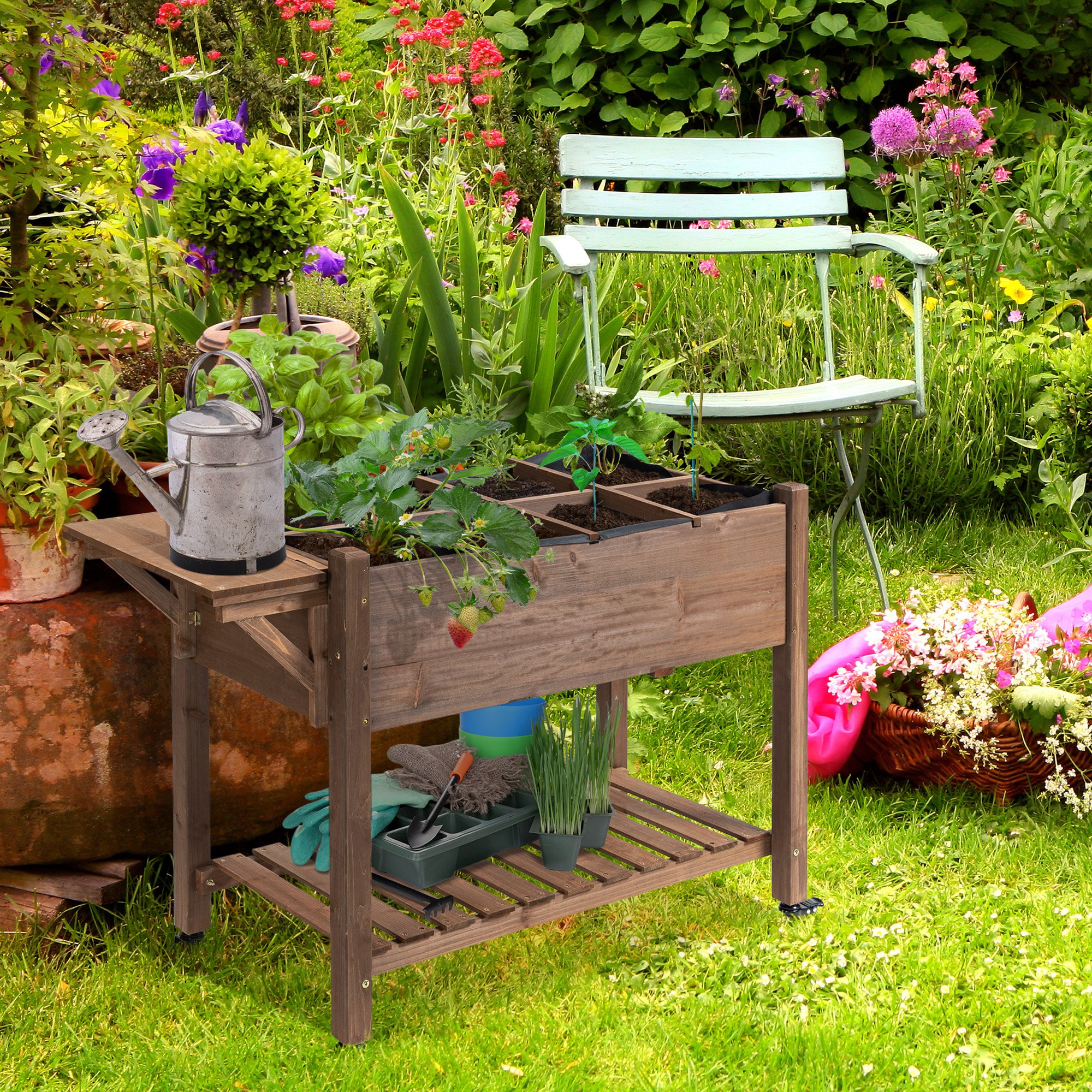 Wooden Garden Box, 34.25H with 8 Pockets and Lockable Wheels, Foldable Side Clapboard, Elevated and Self-Draining Design, to Grow Herbs, Vegetables, and Flowers, Brown