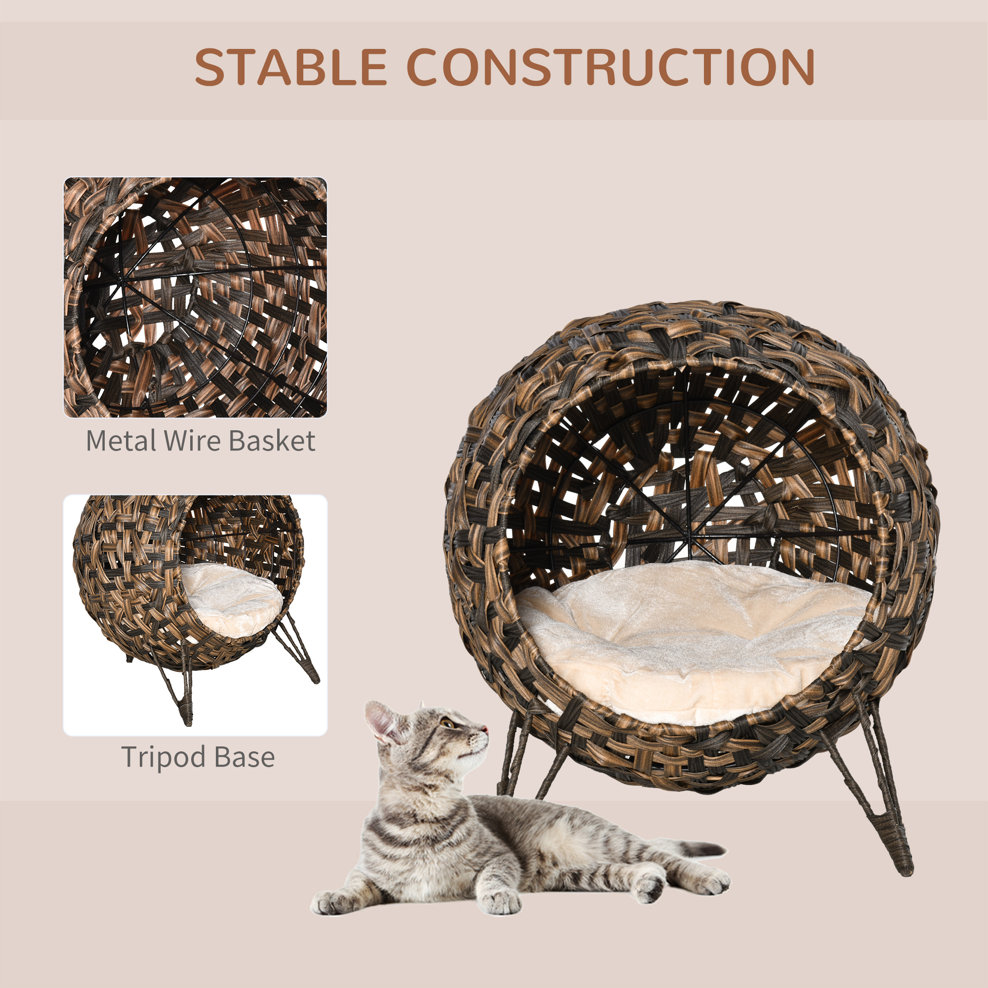  20.5" Weaved Cat Bed, Elevated Hand-woven Braided Banana Leaf Kitten House Condo with Cushion, Brown