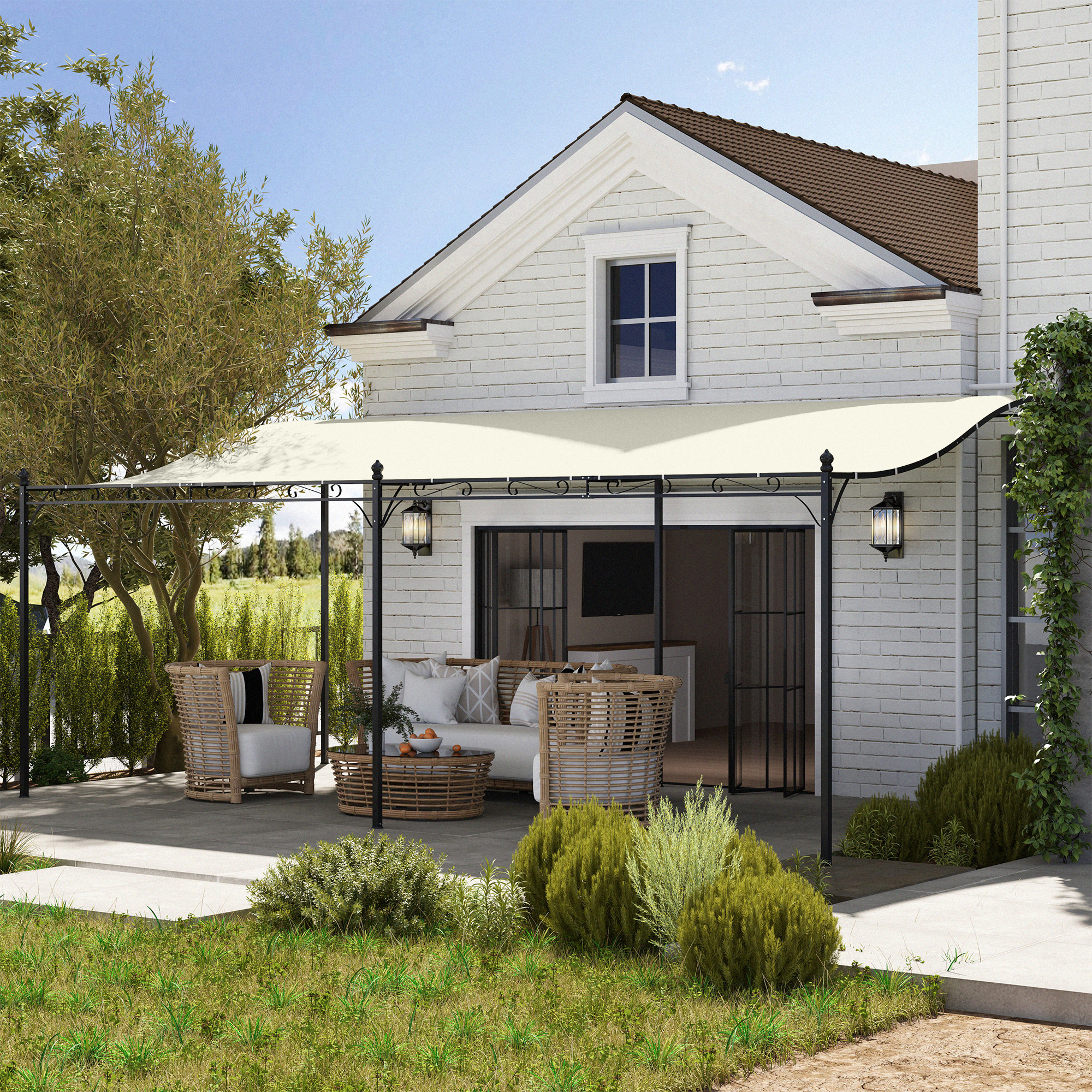 10 x 20 Wall-Mounted Outdoor Pergola Canopy, Metal Patio Canopy with Drainage Holes for Backyard Garden, Cream White
