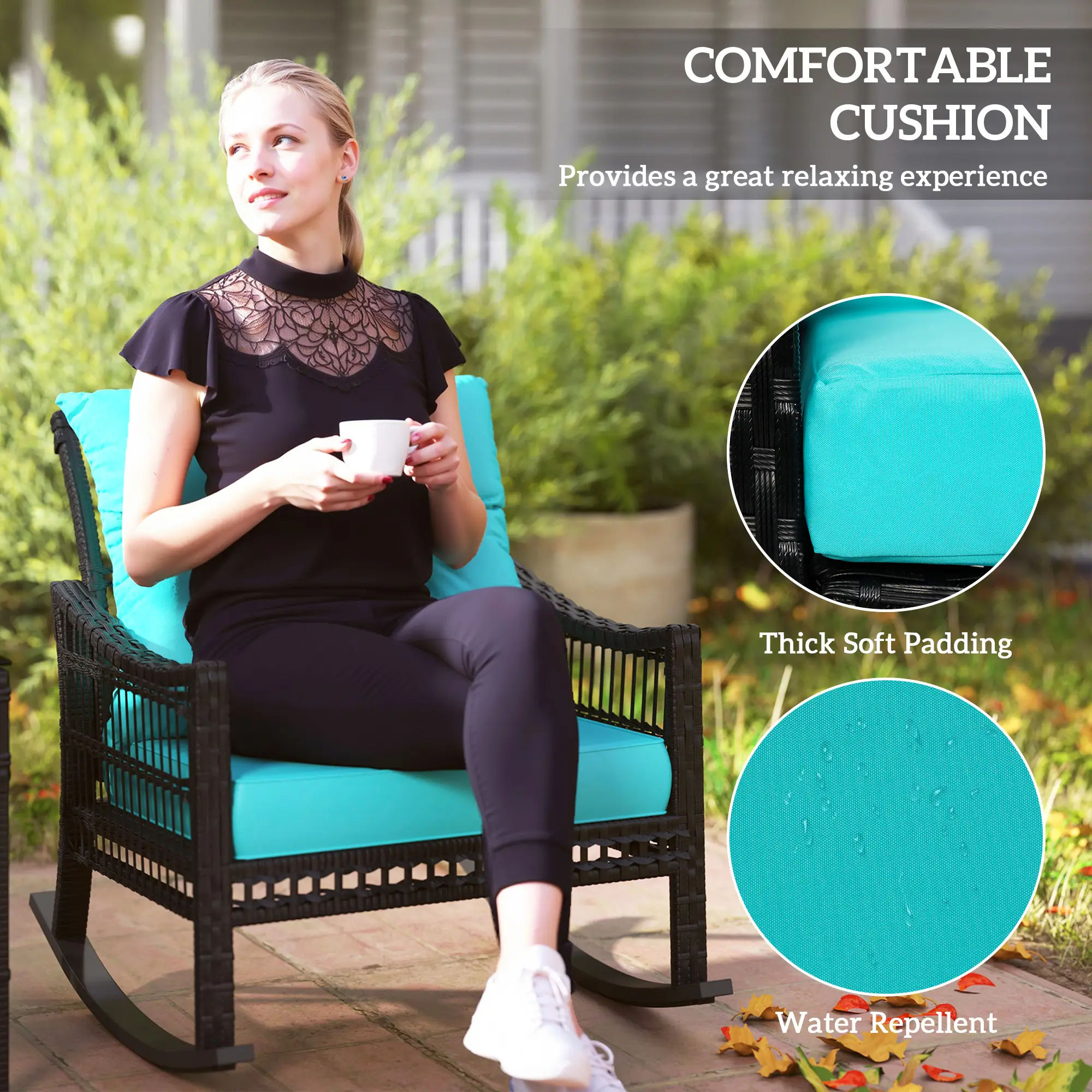 3 Piece Outdoor PE Rattan Rocker Chair Set, Rocking Chair with Tempered Glass Table Top, Turquoise Green