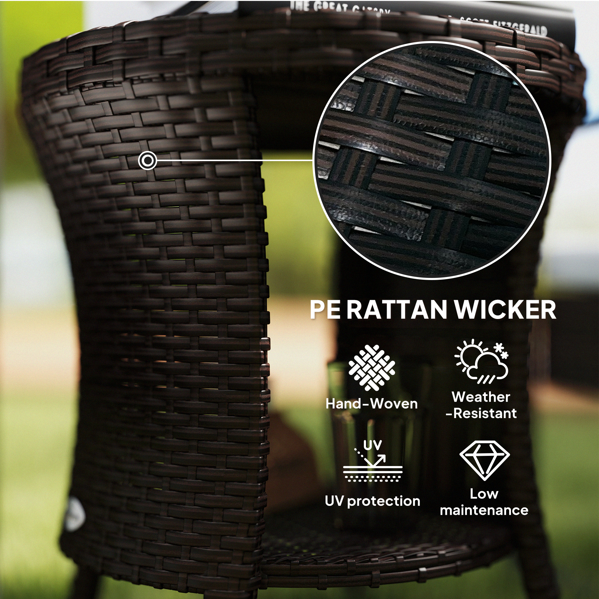 18″ Wicker Outdoor Coffee Table, PE Rattan Patio Side Table with 2-Tier Storage, Composite Wood Top, Mixed Brown
