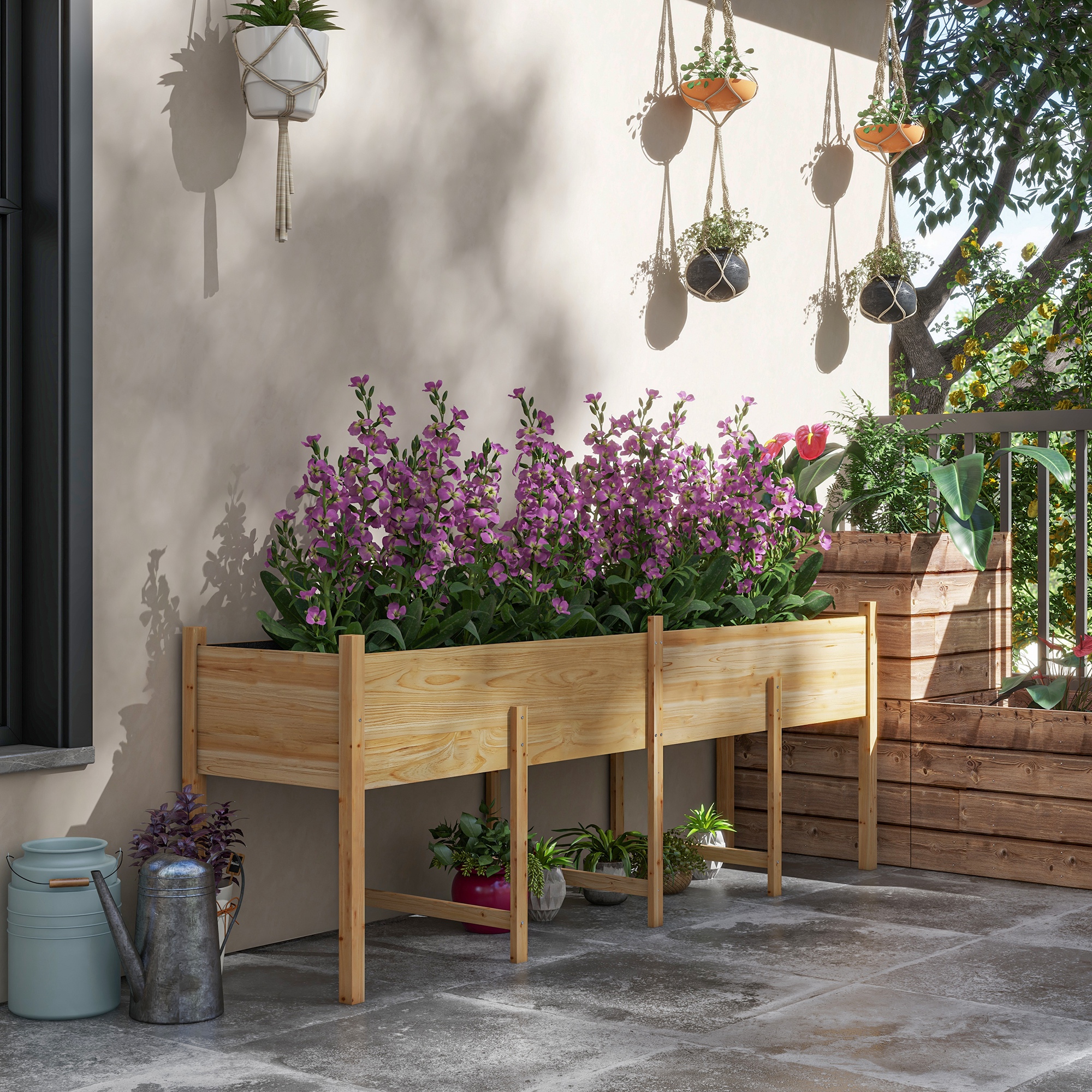 Wooden Raised Garden Bed, Large Elevated Planter Box with Legs, Bed Liner and Drain Holes, 7.4 x 1.8 x 2.6, Natural
