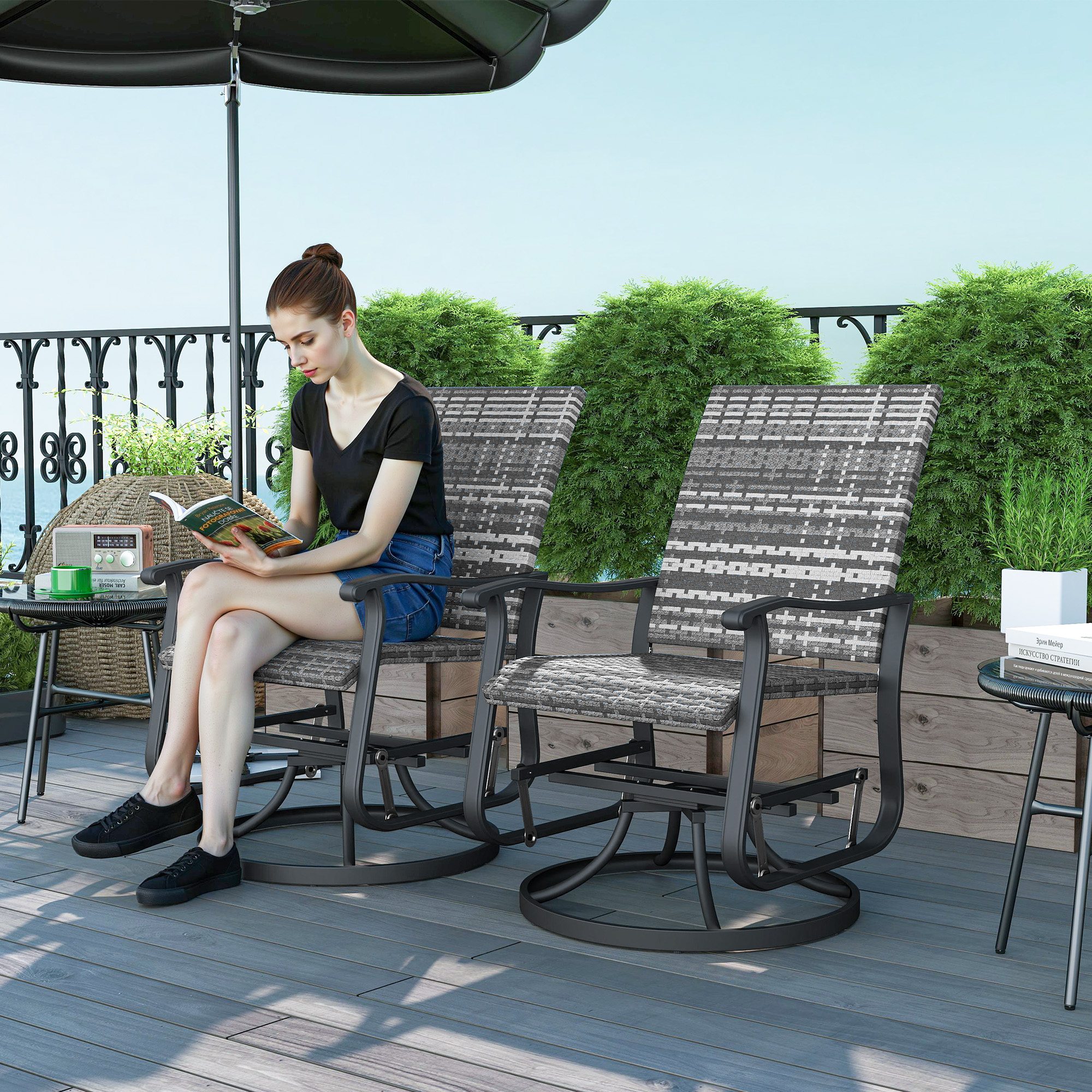 Wicker Rattan Swivel Patio Glider Chair Set of 2, Outdoor Glider Chair with Steel Frame, High Back, Gray