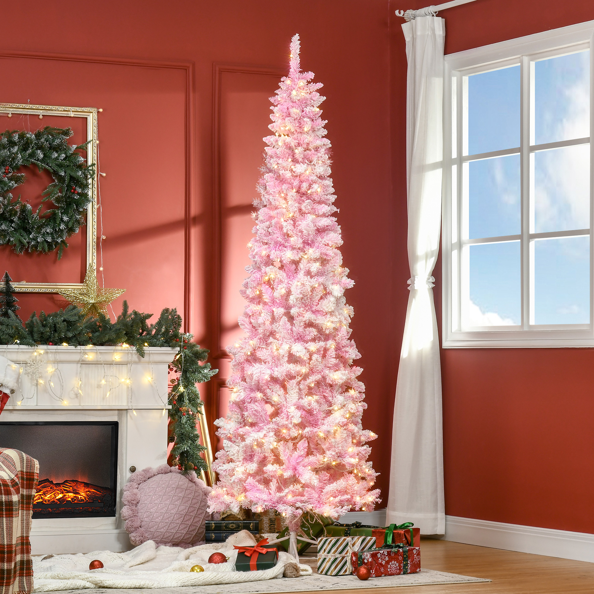  7.5ft Prelit Snow Flocked Artificial Christmas Tree with Pencil Shape, Pine Realistic Branches, Warm White LED lights, Auto Open, Pink and White - Image 1