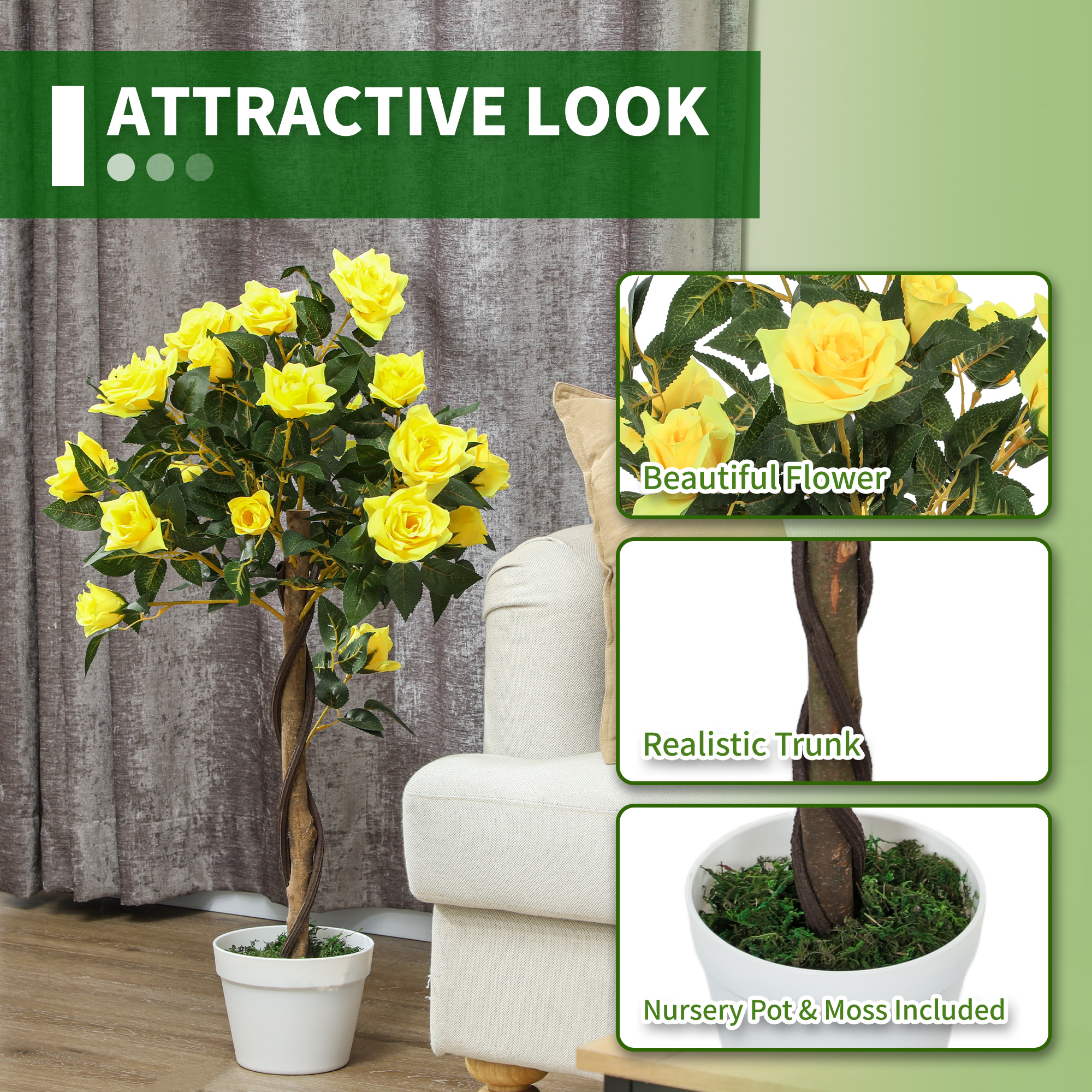 Set Of 2 Artificial Plants White Rose Floral In Pot, Fake For Home Indoor — image 3