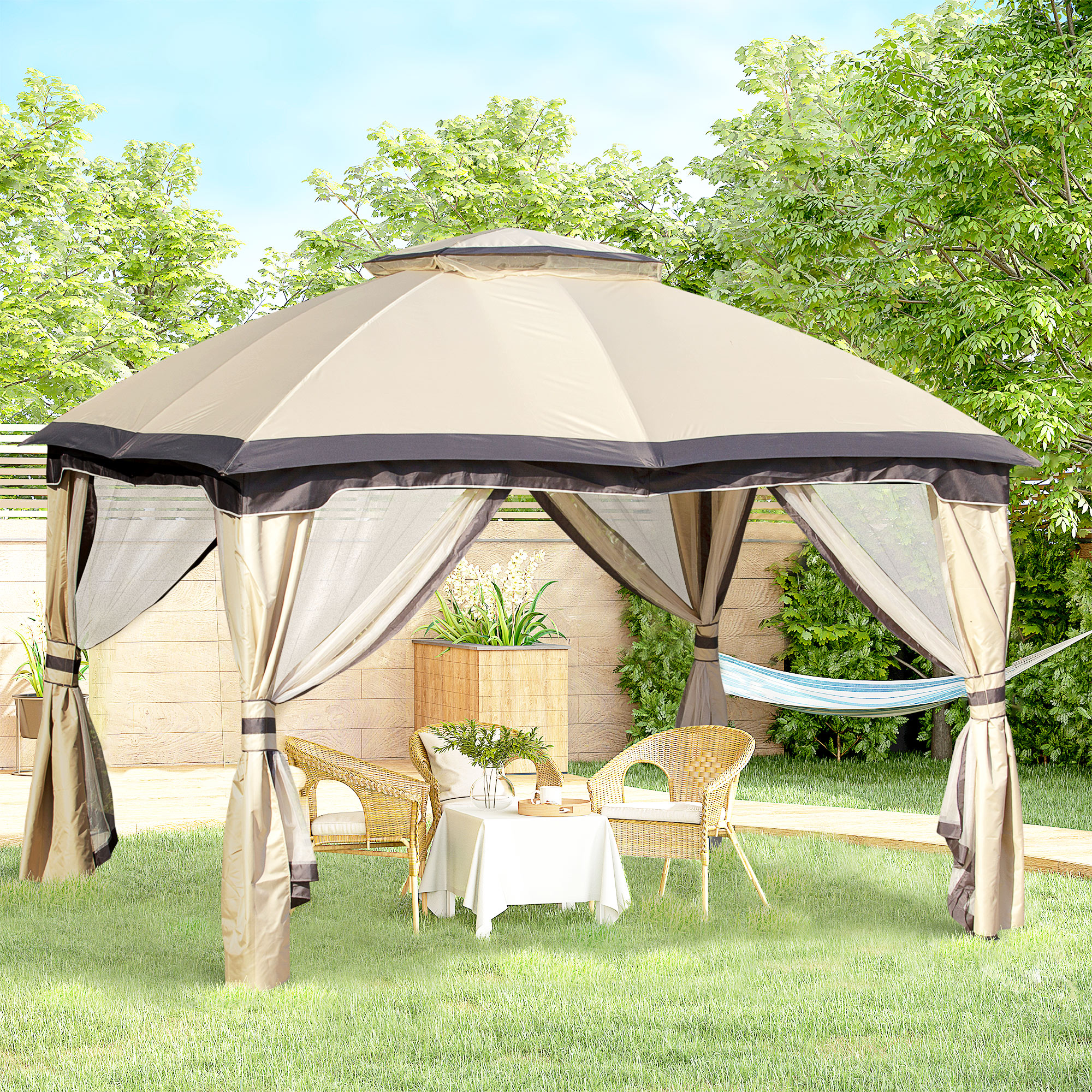 10 x 12 Outdoor Gazebo, Patio Gazebo Canopy Shelter w/Double Vented Roof, Zippered Mesh Sidewalls, Solid Steel Frame, Beige
