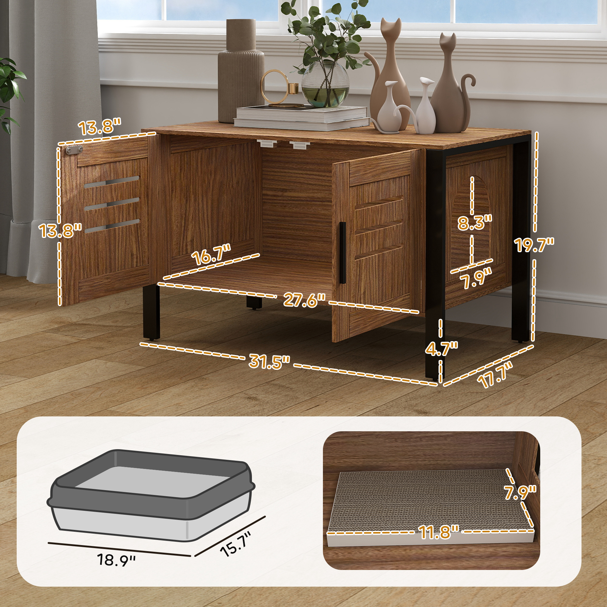  Cat Litter Box Enclosure with Tall Legs, Scratching Board, Dark Brown, 31.5"L x 17.7"W x 19.7"H