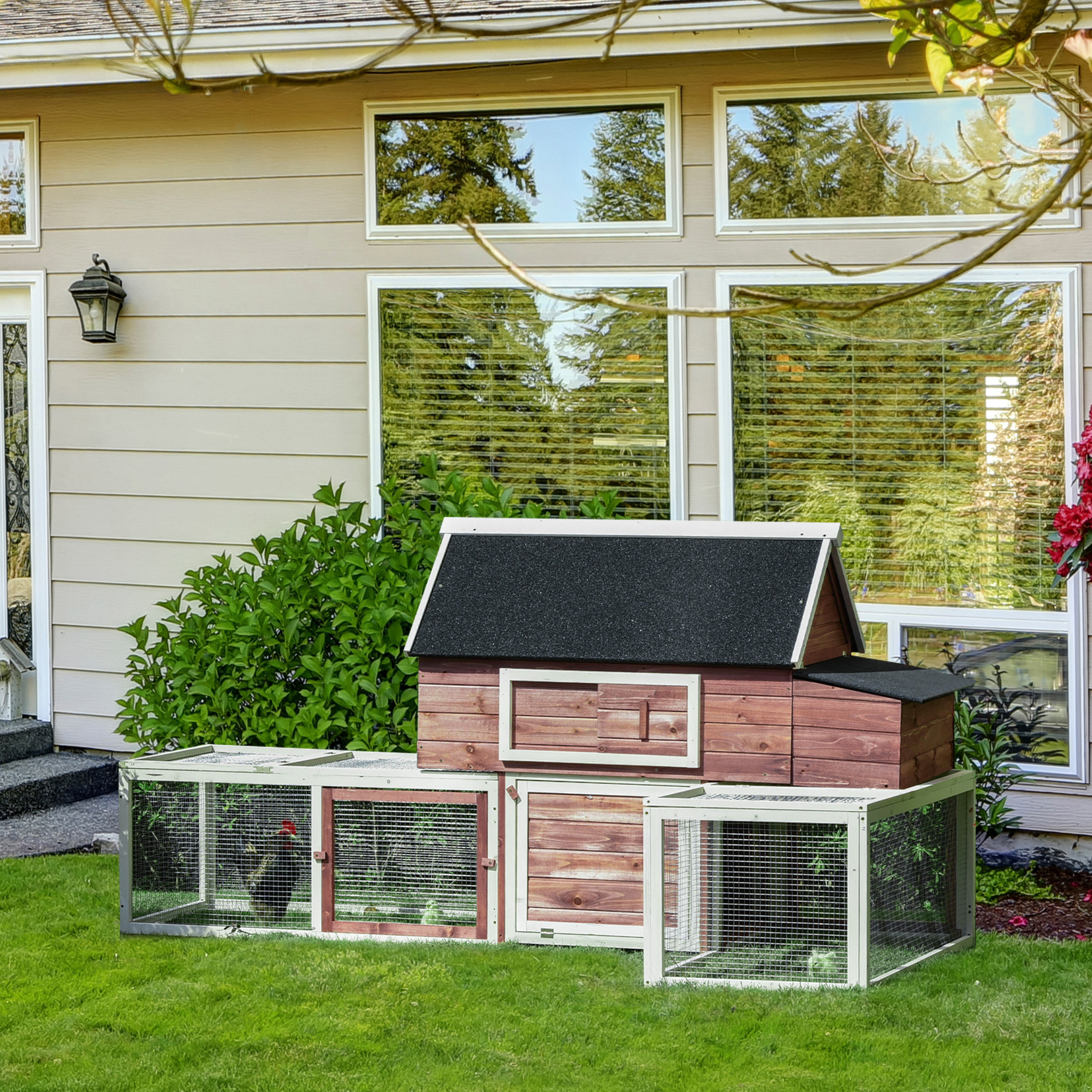  Wooden Chicken Coop, Outdoor Chicken Cage Poultry Hen House with Nesting Box, Double Runs, Asphalt Roof, Ramp