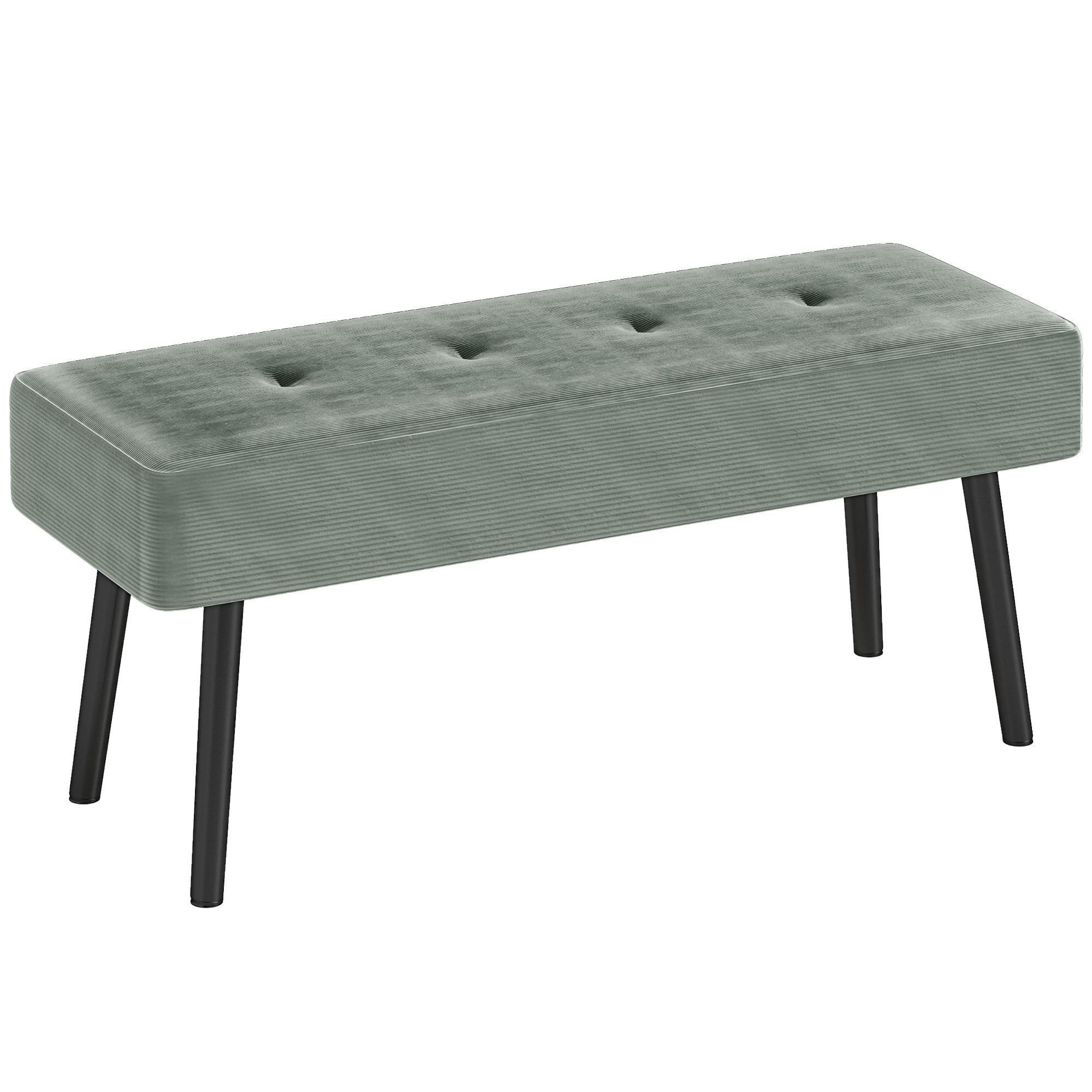 Sage green corduroy end-of-bed bench with tapered steel legs and five button tufts