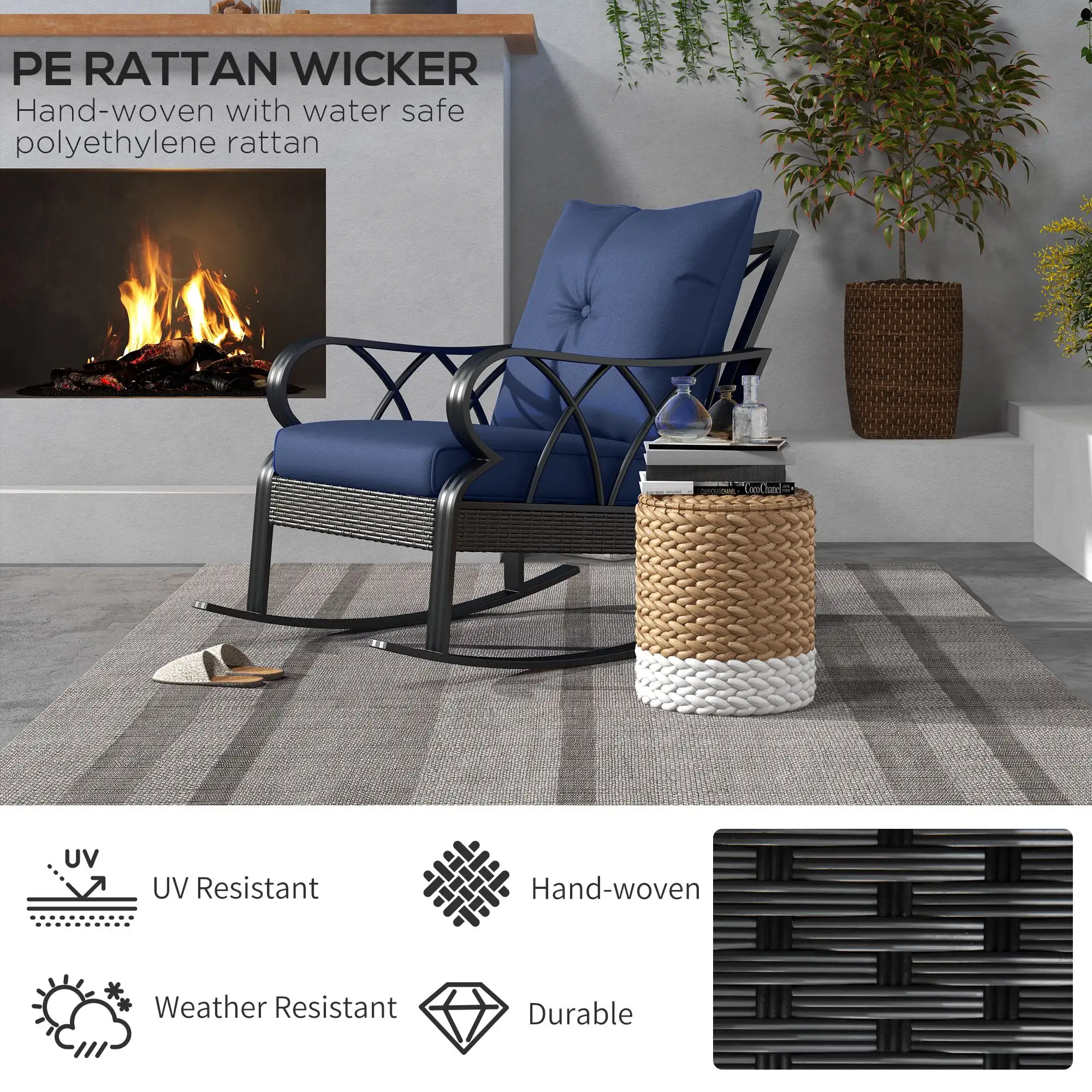 Outdoor Wicker Rocking Chair with Padded Cushions, Aluminum Furniture, Rattan Porch Rocker Chair w/ Armrest, Navy Blue