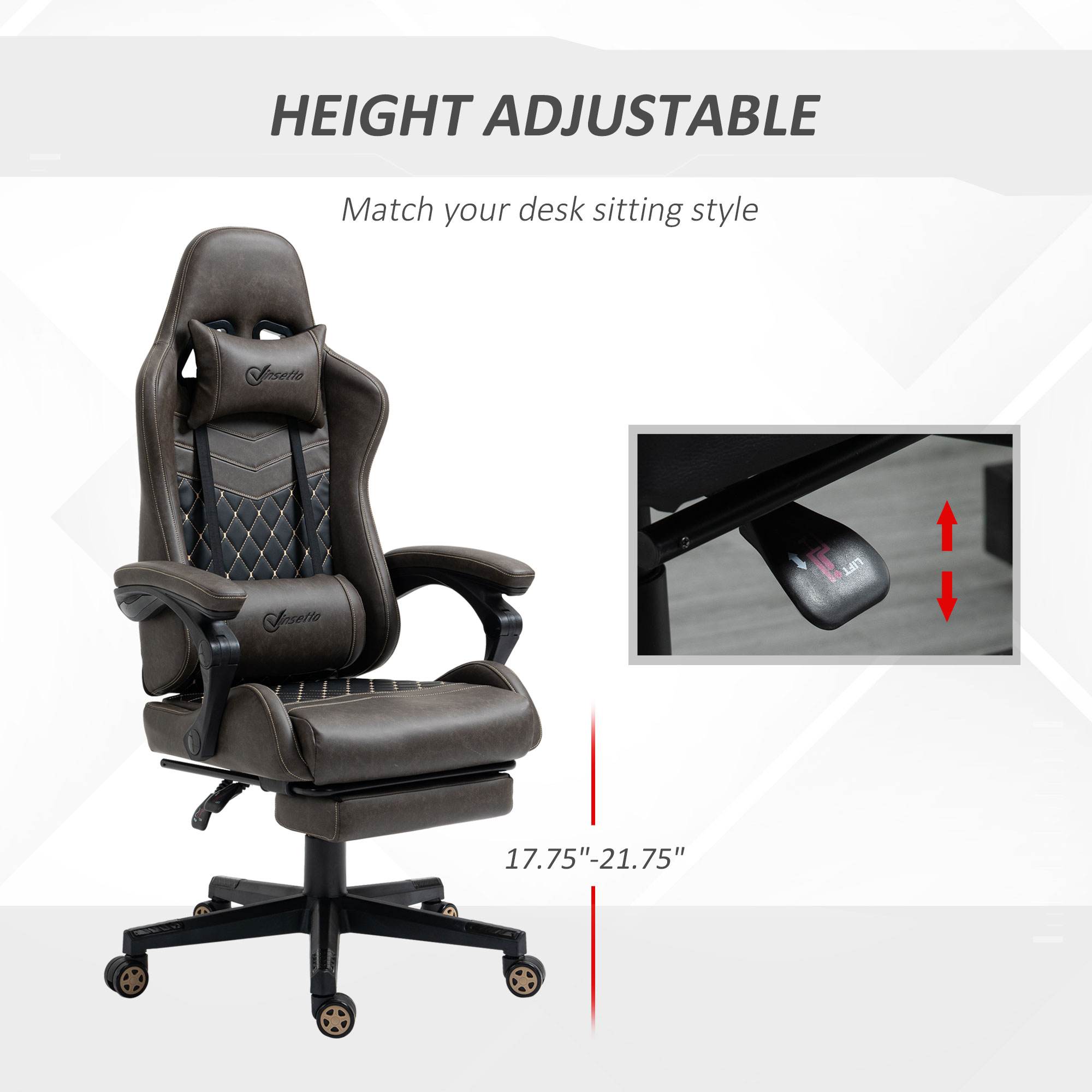 Racing Gaming Chair Diamond PU Leather Office Gamer Chair High Back Swivel Recliner with Footrest, Lumbar Support, Adjustable Height, Brown 4