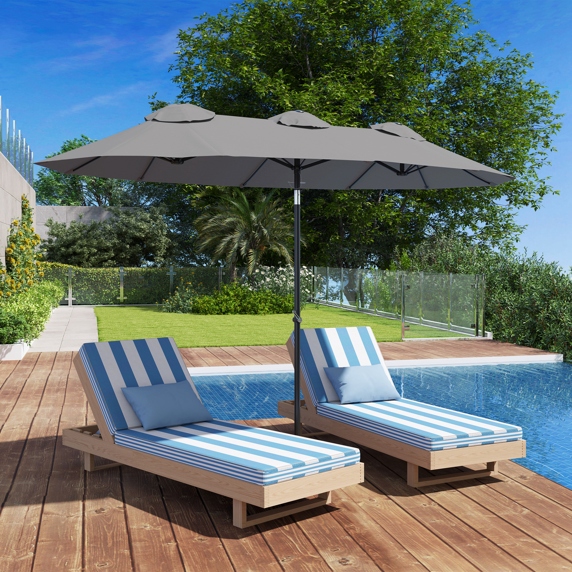Double Sided Patio Umbrella, 9.7 Large Outdoor Market Umbrella with Push Button Tilt and Crank, 3 Air Vents and 12 Ribs, for Garden, Deck, Pool, Gray