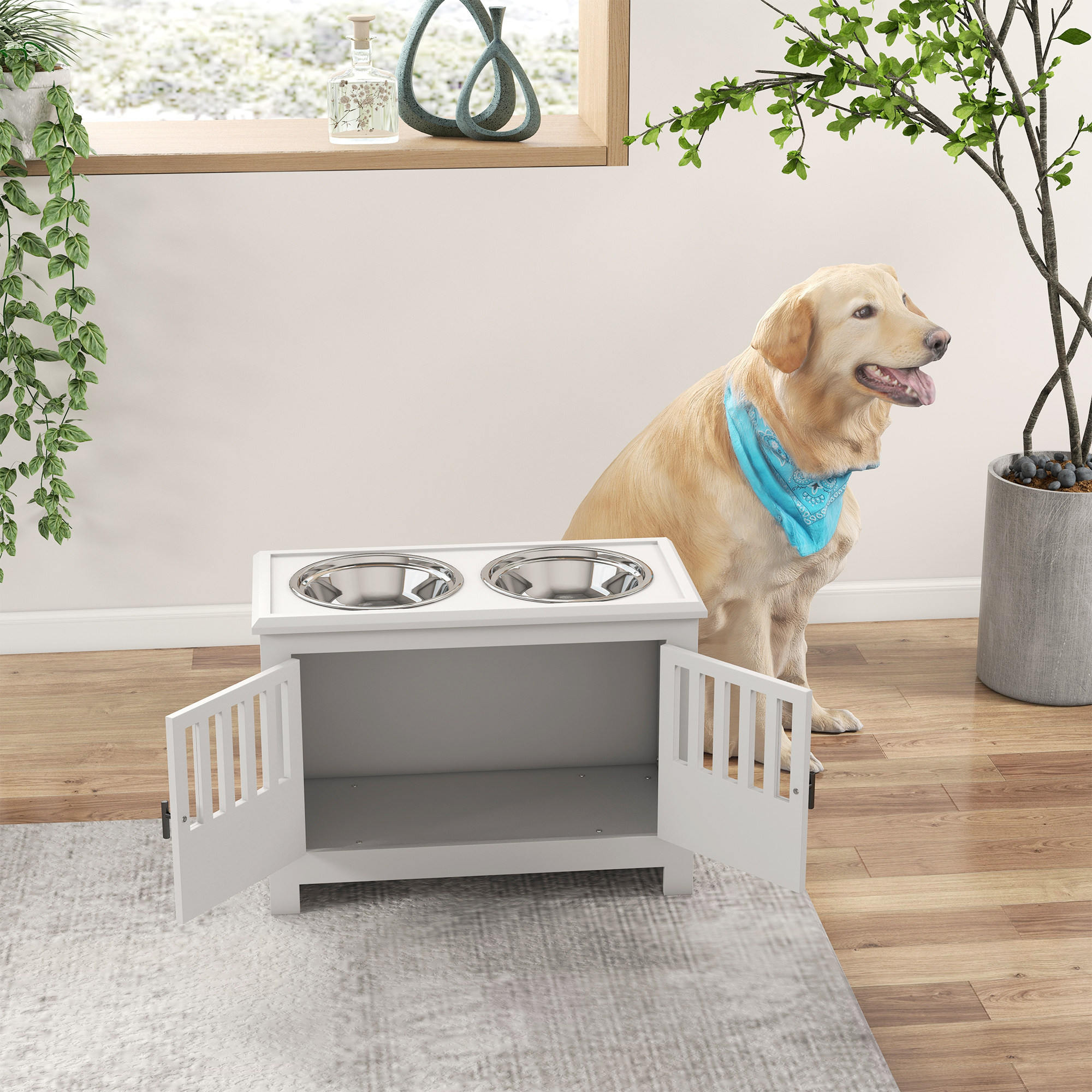  Dog Food Storage Cabinet with Bowls & Dog Feeding Station, White