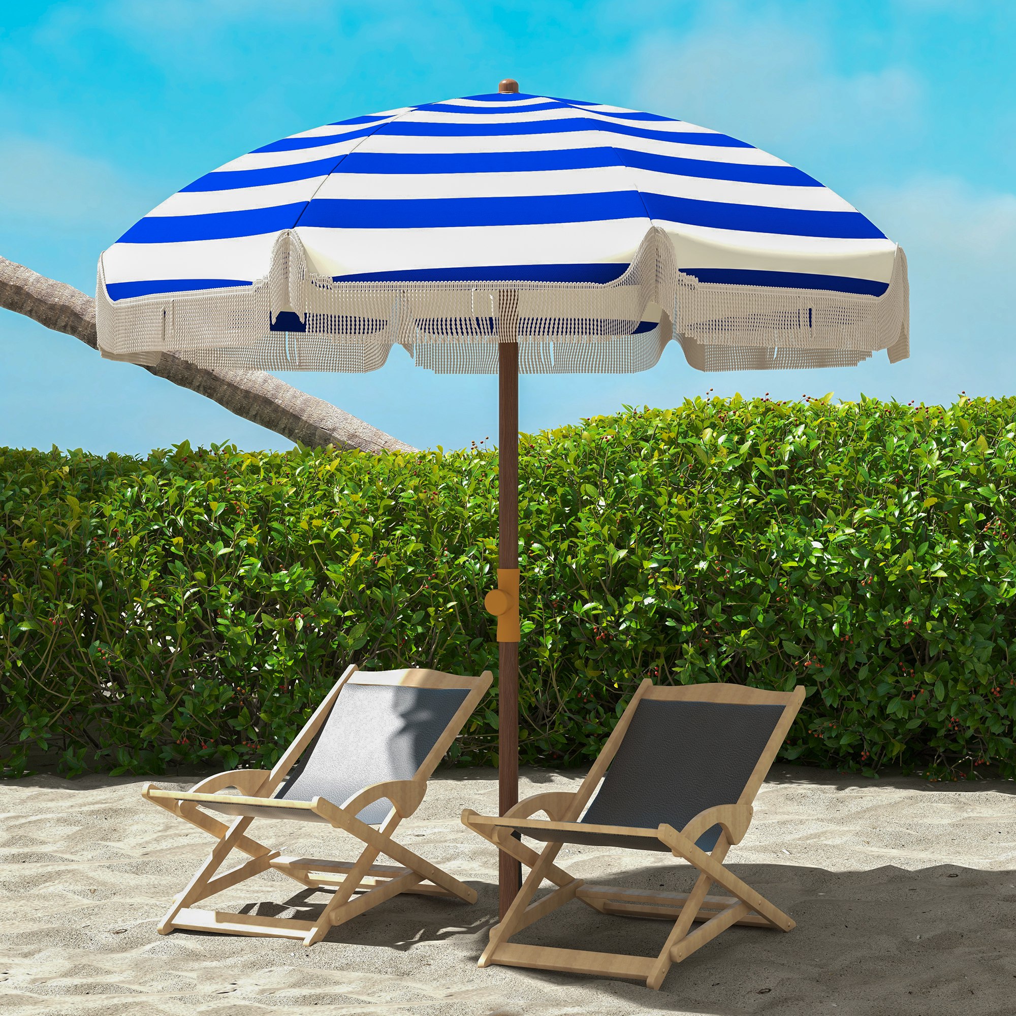 6.2′ Beach Umbrella for Travel, Vent, Ruffles, Carry Bag, Portable Outdoor Umbrella for Garden, Blue Stripe