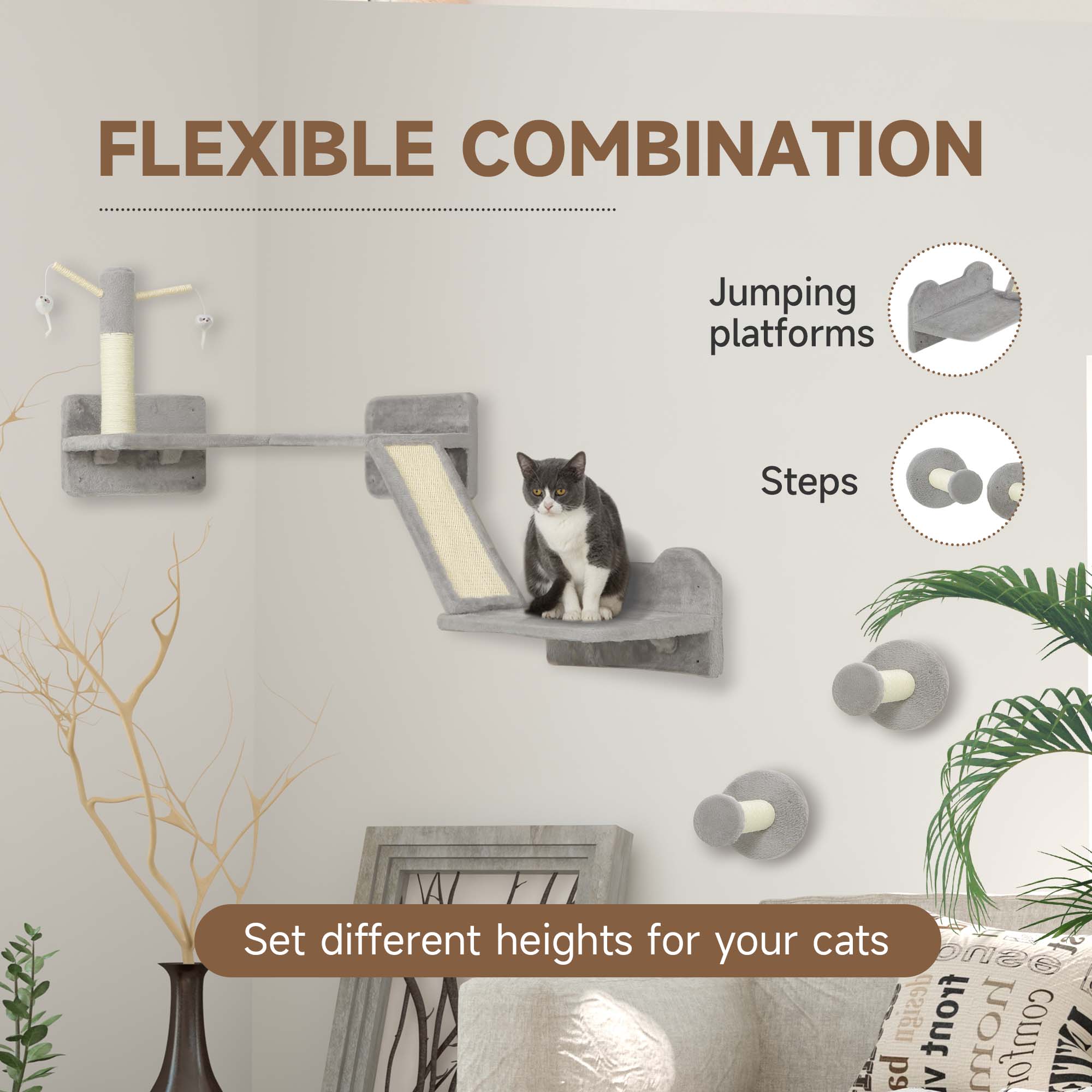 Three-piece grey wall-mounted cat shelves with sisal ramp