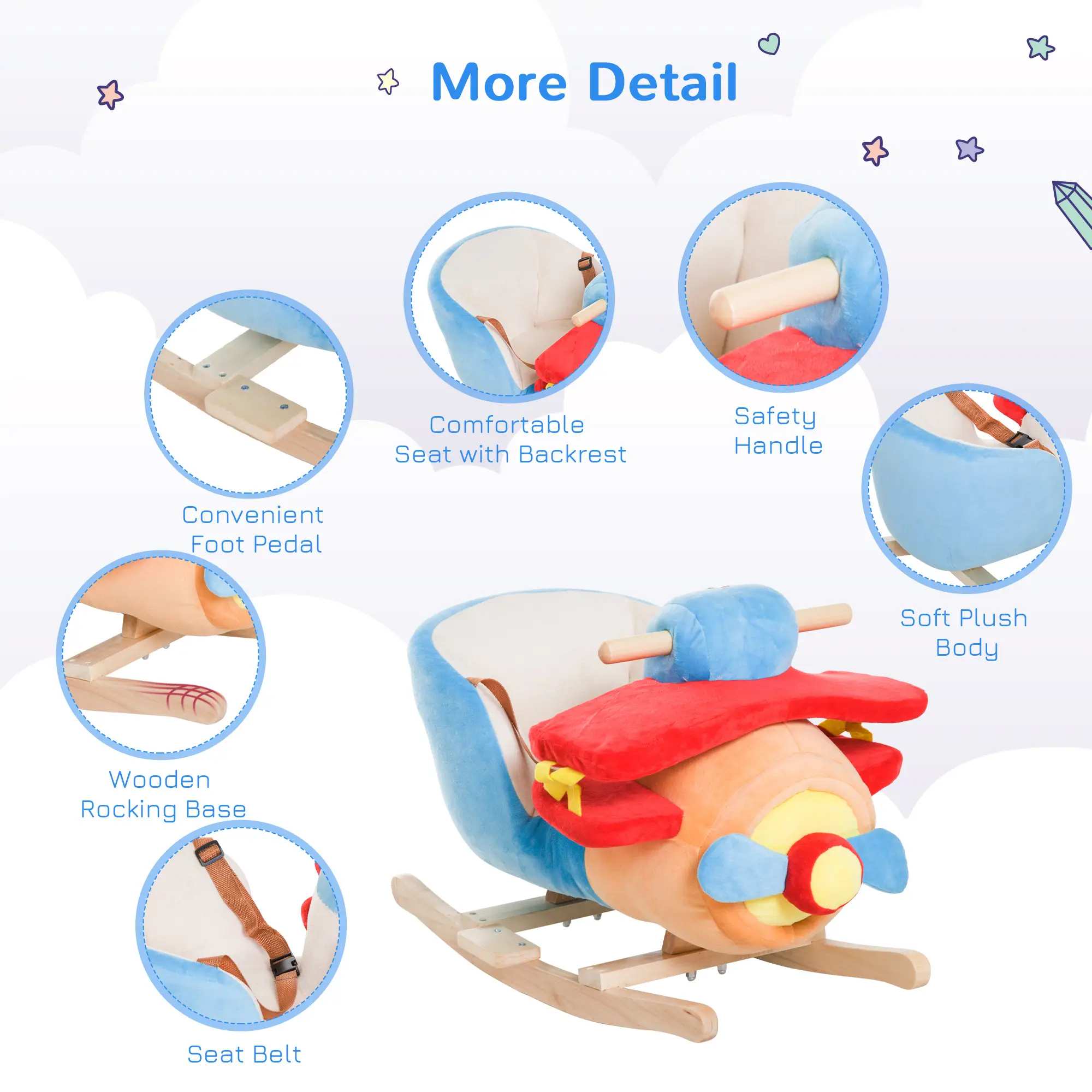 Kids Rocking Horse, Wooden Plush Ride-on Plane Chair Toy with Lullby Song and Seat Belt for 18 Month +