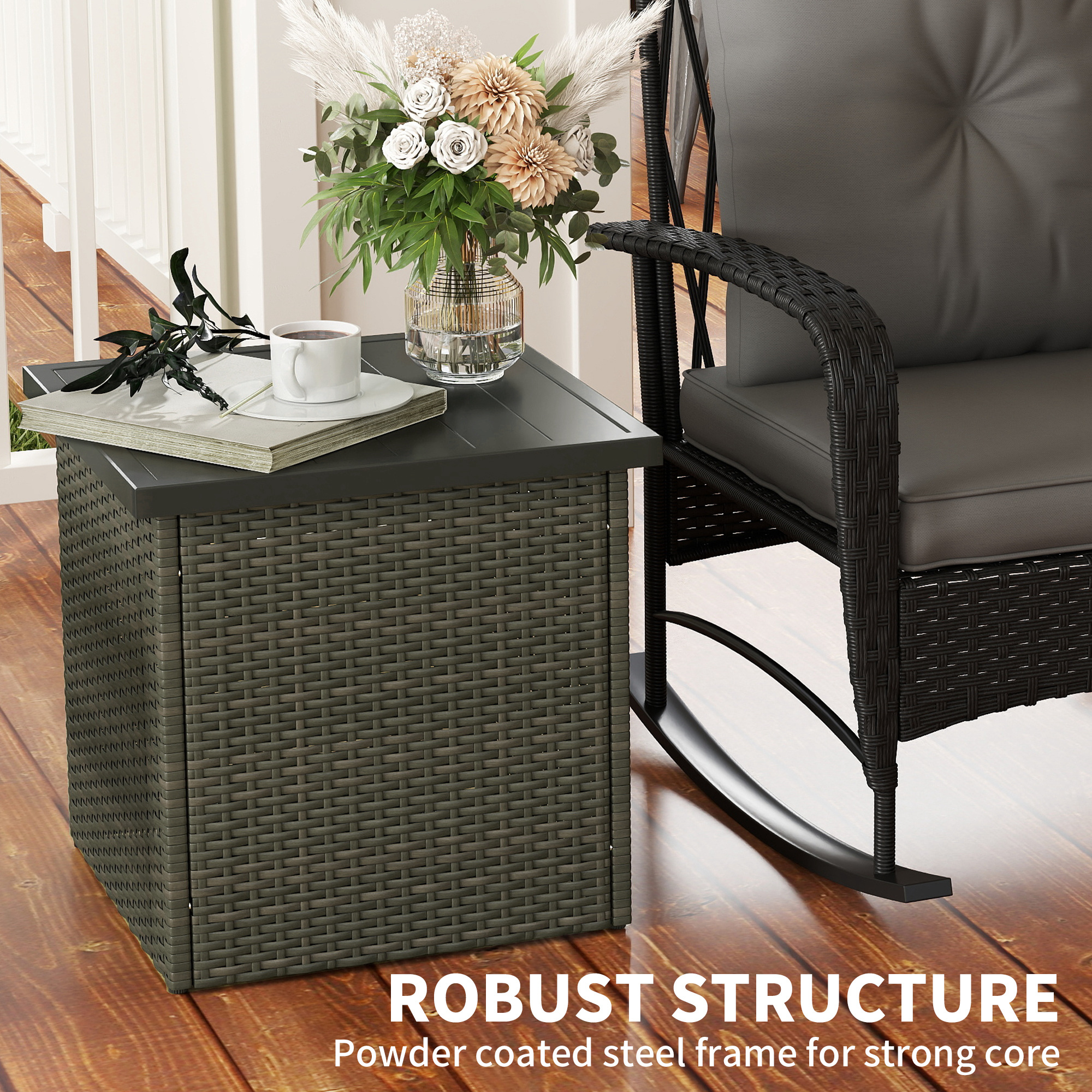  Wicker Side Table with 1.5" Umbrella Hole, Square Outdoor End Table with UV-Resistant Frame, Storage Space, Mixed-Brown