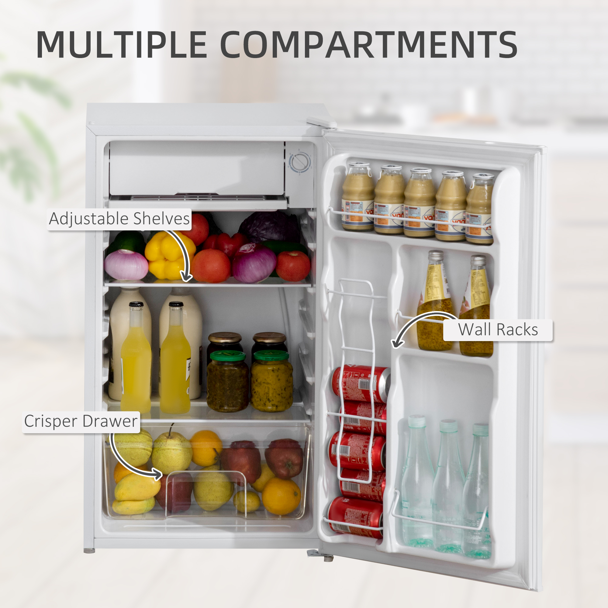  Mini Fridge with Freezer, 3.2Cu.Ft Compact Refrigerator with Adjustable Shelf, Mechanical Thermostat and Reversible Door for Bedroom, Dorm, White