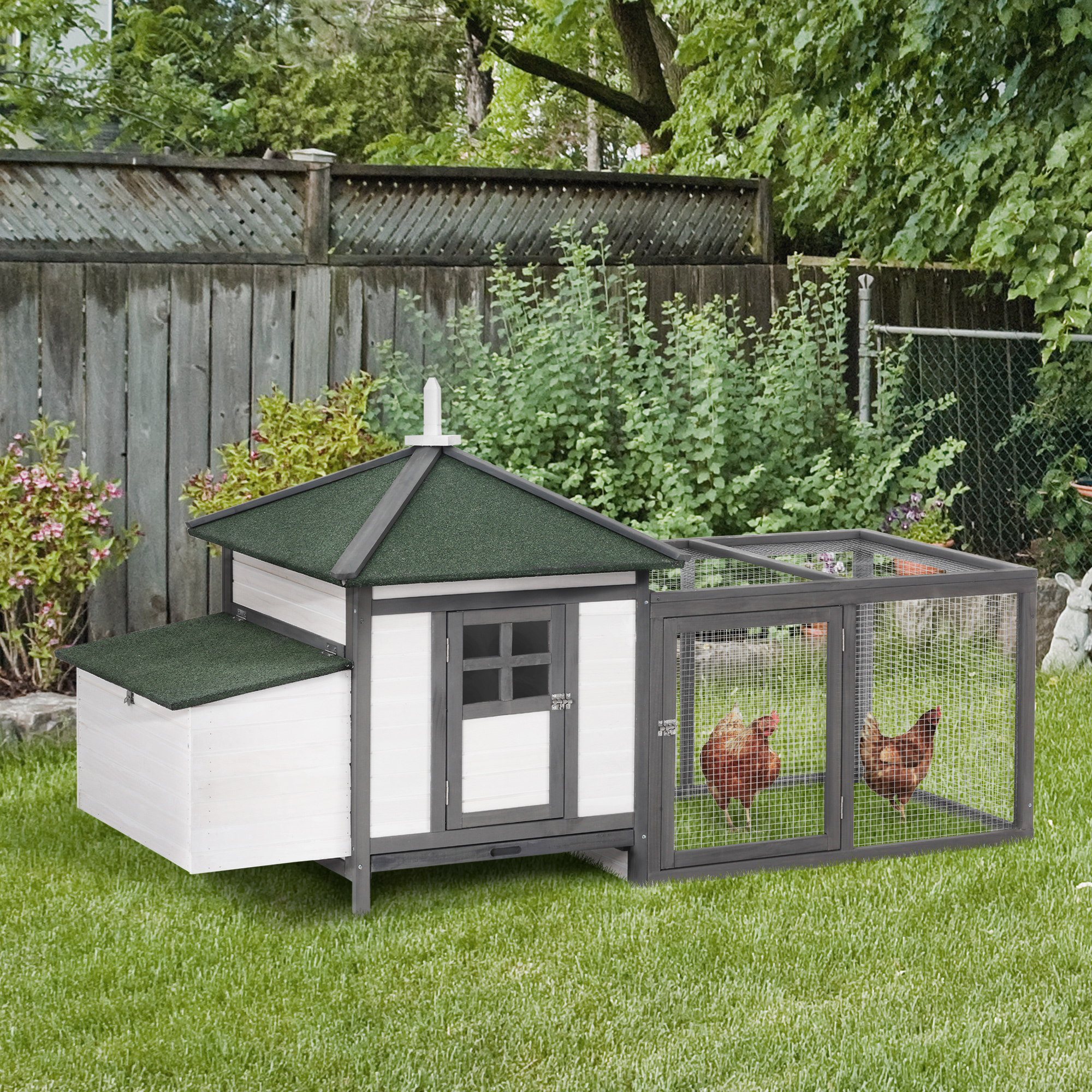  77" Wooden Chicken Coop with Nesting Box, Cute Outdoor Hen House with Removable Tray, Ramp Run, for Garden Backyard, Gray