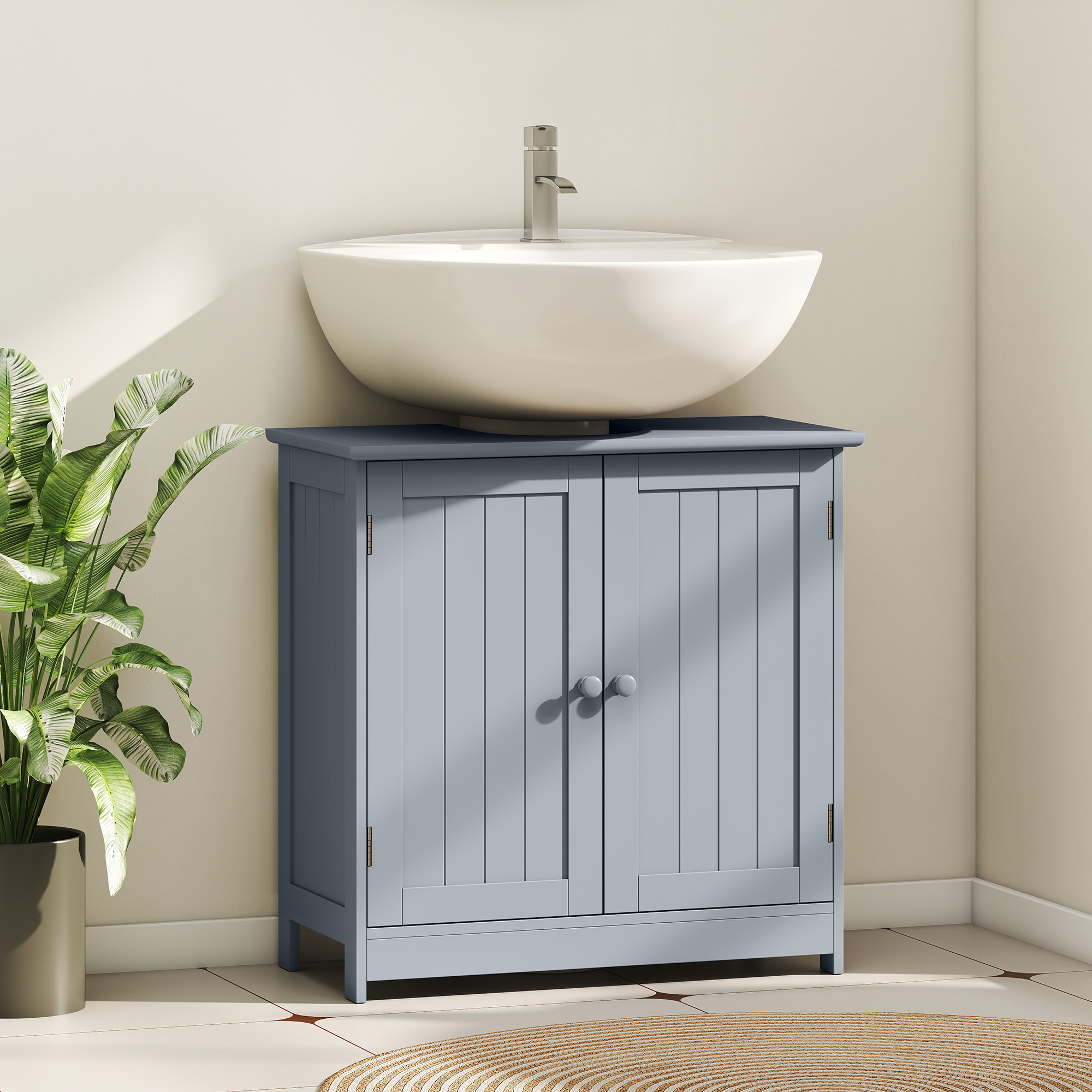  Under Sink Bathroom Cabinet, Pedestal Sink Storage Cabinet with 2 Doors, Shelf and U-Shape, Gray