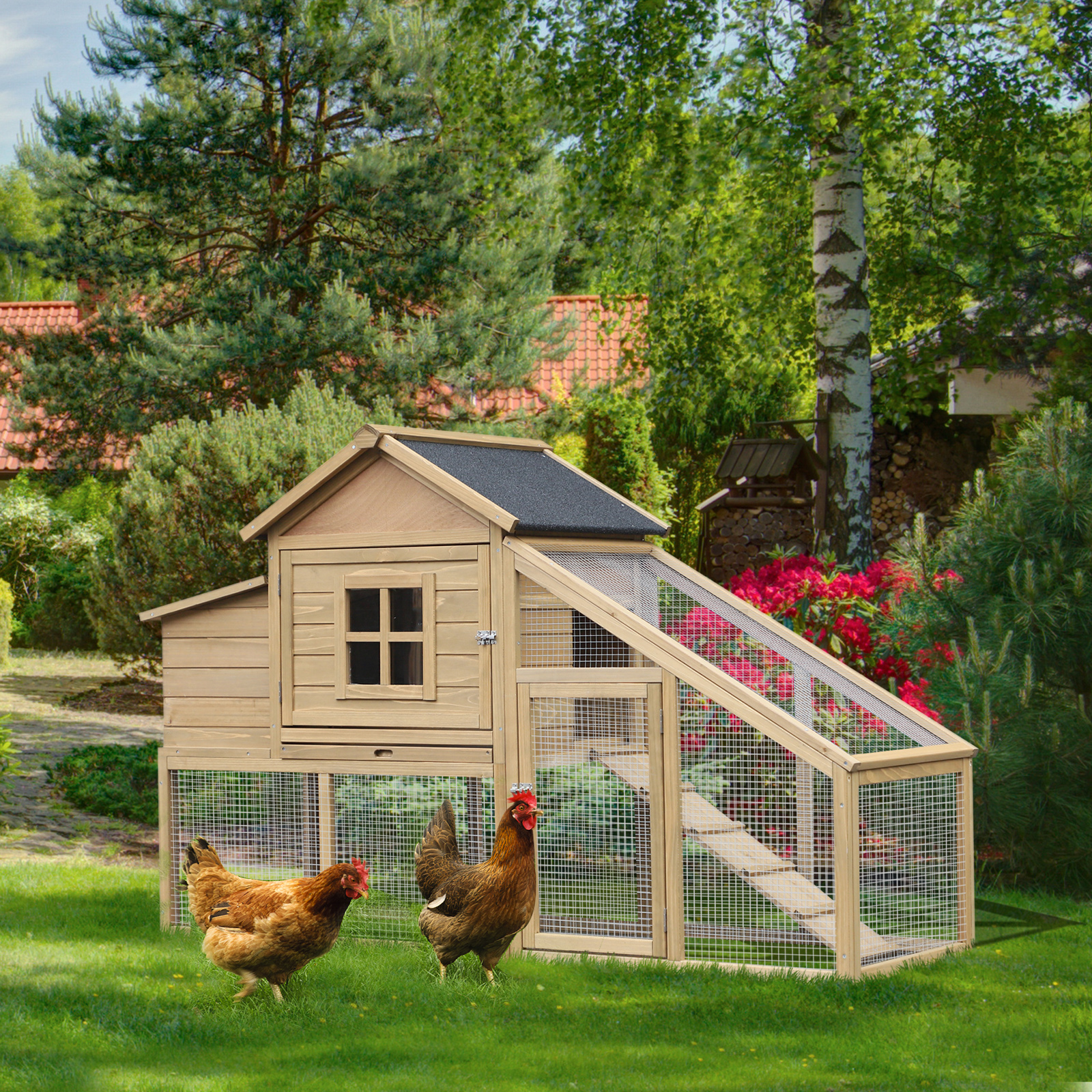  69" Wooden Chicken Coop, Poultry Cage Hen House with Connecting Ramp, Removable Tray, Ventilated Window and Nesting Box, Natural