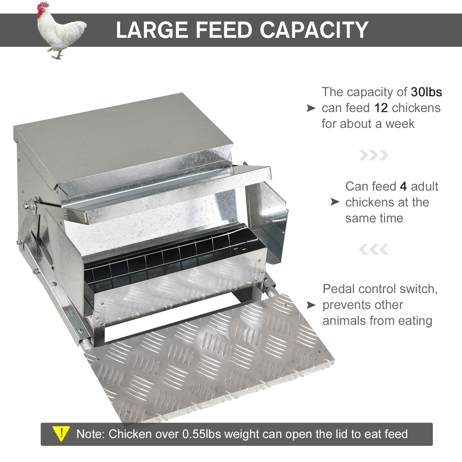  30 lbs Capacity Automatic Chicken Poultry Feeder with a Galvanized Steel and Aluminium Build, Weatherproof Design