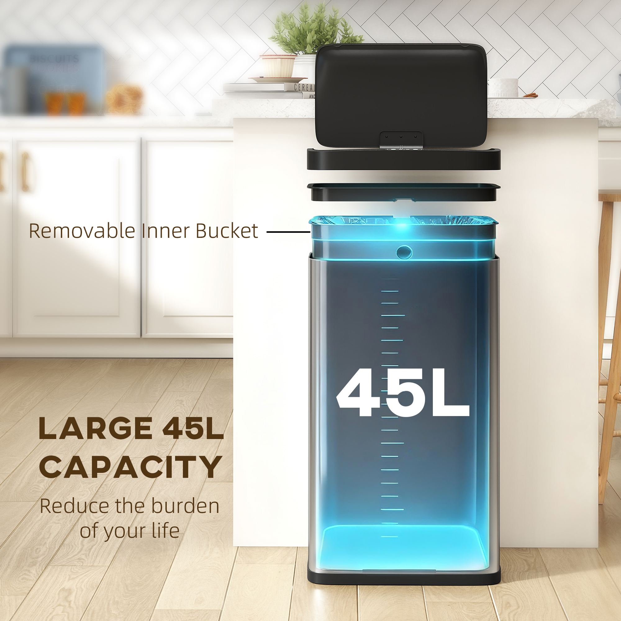 45L Stainless Steel Sensor Bin - Silver Tone — image 2