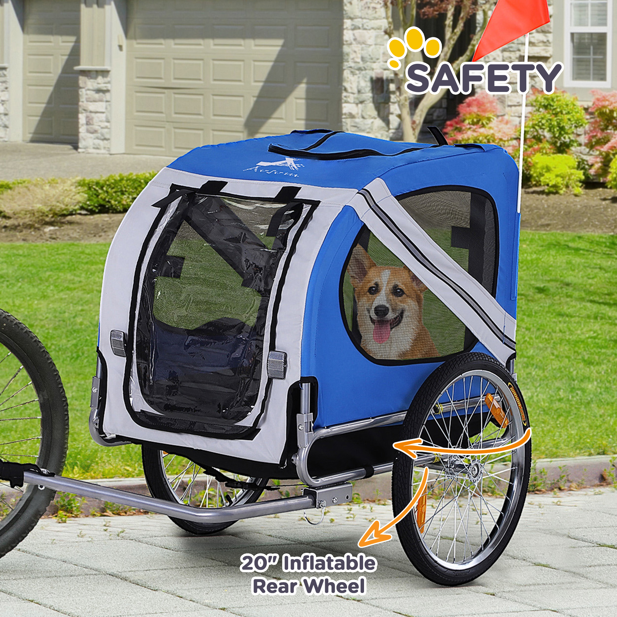 Dog Bike Trailer, Pet Wagon Bicycle Trailer with Easy Folding Cart Frame, 20" Large Rubber Wheels, 3 Entrances, Mesh Screen, Pet Bike Trailer for Off-Road & Travel, Blue and White