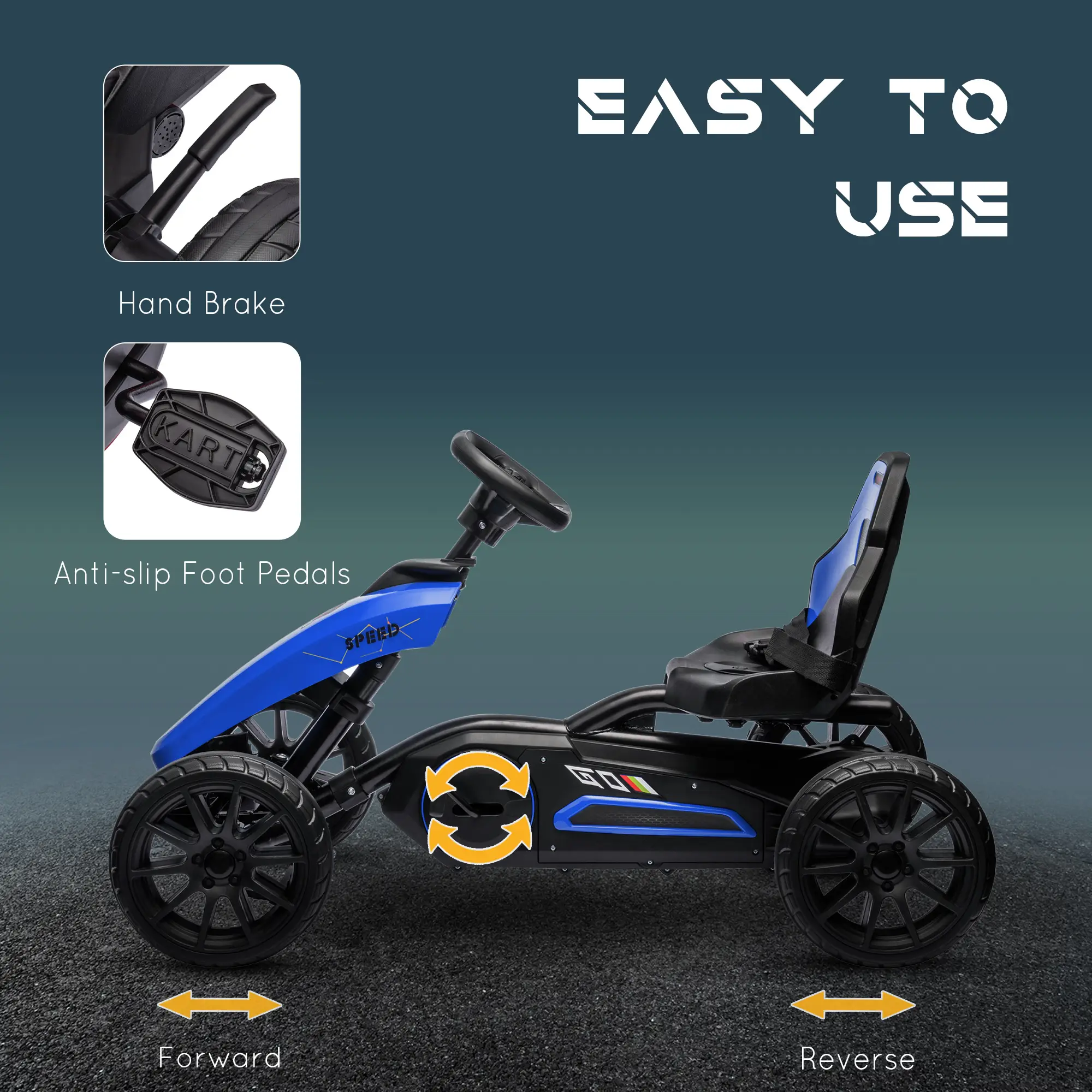 Kids Pedal Go Kart w/ Swing Axle, Shock-Absorbing Wheels, Blue