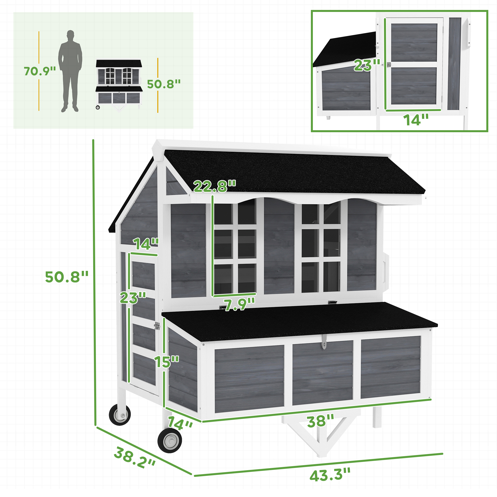  43" Chicken Coop with Wheels, Chicken Tractor with Nesting Box, Windows, Pull-out Tray, Perches, for 2-4 Hens, Gray