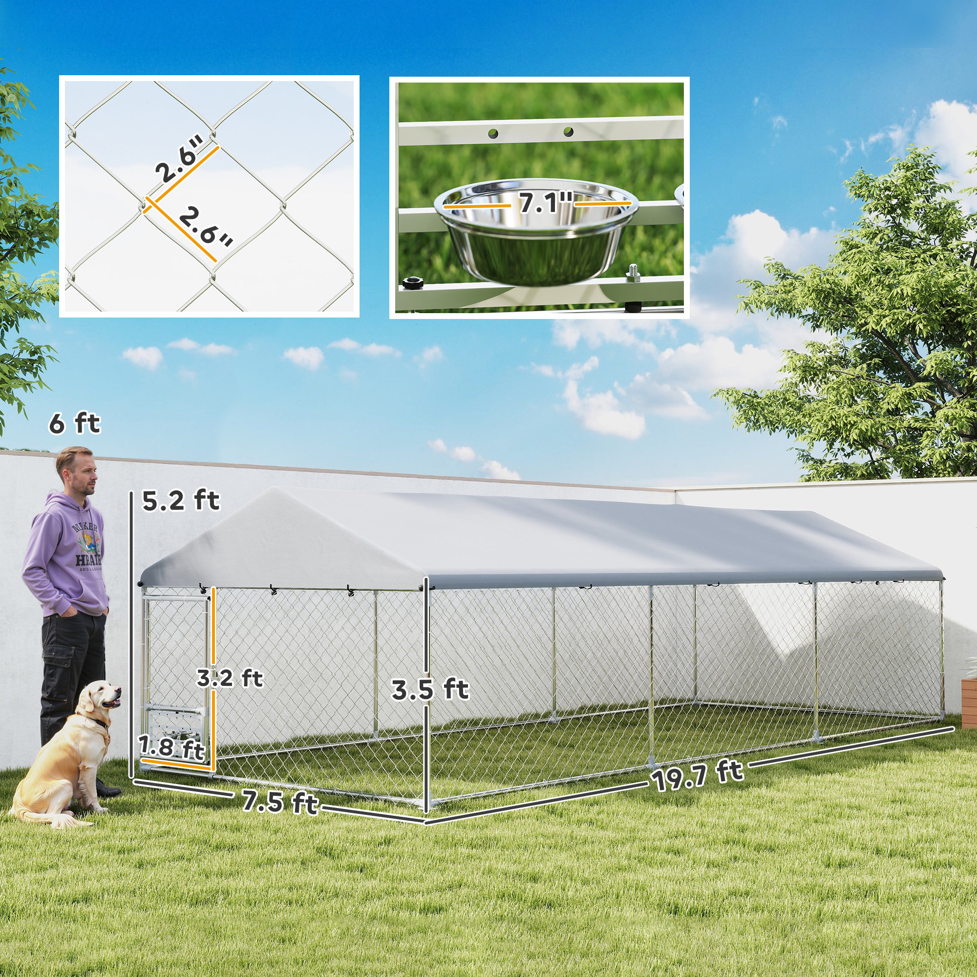  Outdoor Dog Kennel with Adjustable & Rotatable Bowl Rack, Waterproof Cover, Secure Lock, 19.7' x 7.5' x 5.2'