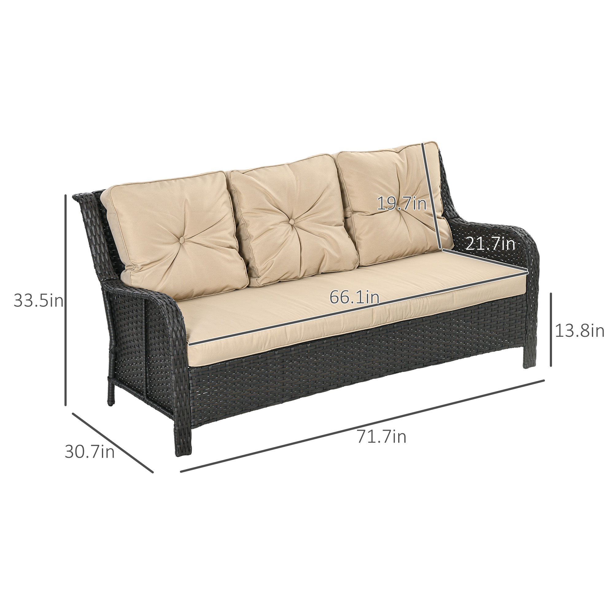 3-Seater Outdoor Sofa w/ 4″ Thick Cushions, Outdoor Couch, Beige