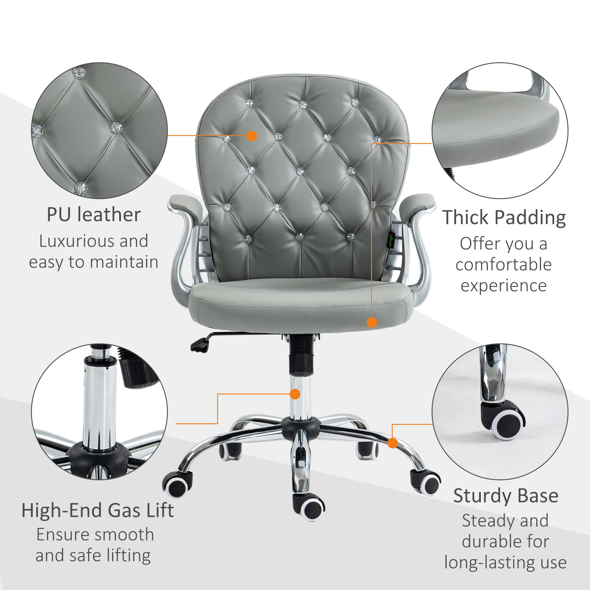 Vinsetto Office Chair Ergonomic 360° Swivel PU Diamante Padded Base 5 Castor — image 3