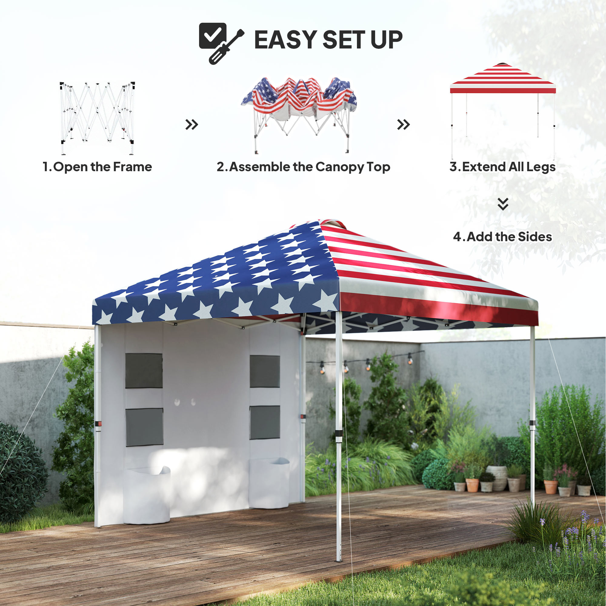 10′ x 10′ Pop Up Canopy Tent w/ Sidewall, Height Adjustable Instant Sun Shelter w/ Storage Pockets, American Flag Print