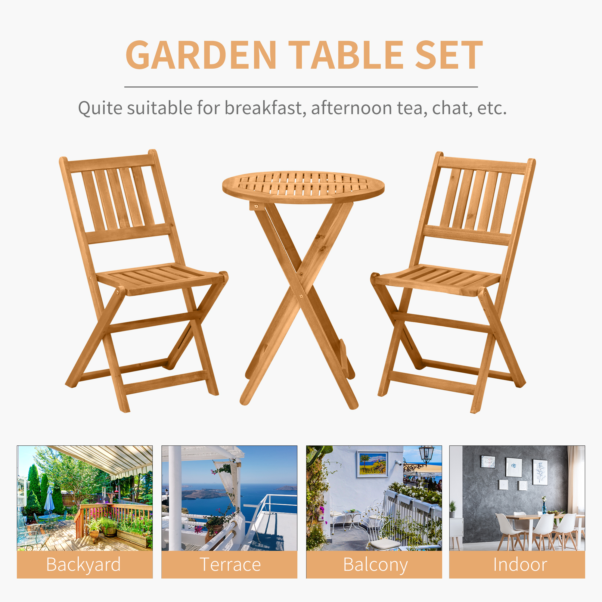 3-Piece Acacia Wood Bistro Set, Folding Patio Furniture with 2 Folding Chairs and Round Coffee Table, Teak, Slatted Finish, for Backyard, Balcony, Deck, Natural